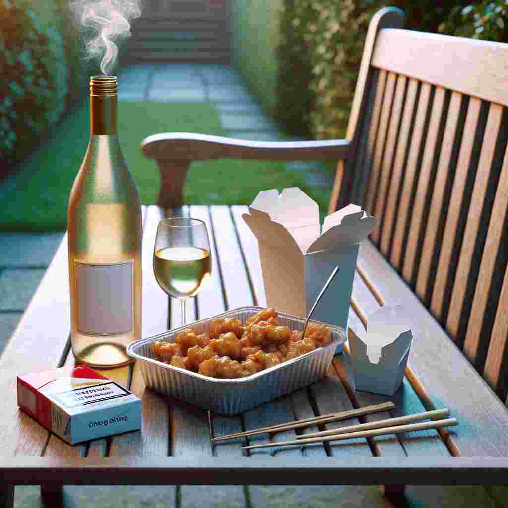 Imagine an outdoor setting showcasing a wooden bench, with various objects arranged on it. These objects include a chilled bottle of white wine that shows signs of condensation, and an elegant glass on its side. Beside them lies a carton of Chinese takeaway food, perhaps sweet and sour chicken, with a pair of chopsticks conveying readiness for a single diner. Towards the edge of the bench exists a pack of cigarettes along with a lit one, its smoke wafting upwards, adding an element of melancholy to the otherwise serene Mother's Day celebration scene.
Generated with these themes: Wine, Cigarettes , and Chinese Takeaway.
Made with ❤️ by AI.