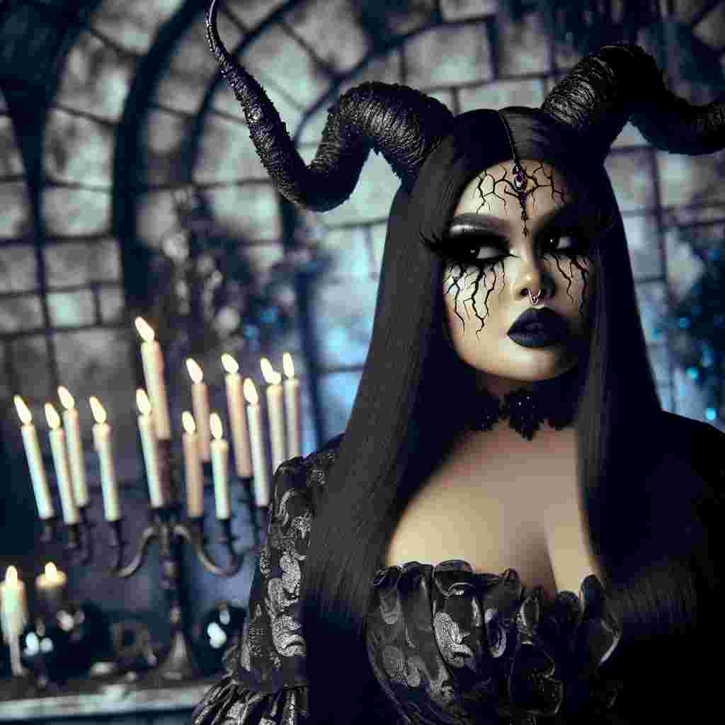 In a surreal birthday scenario, a regal plus-size South Asian woman becomes the focal point. Her long straight black hair cascades down her back, and black horns spiral from her head, asserting strong control in this dungeon-inspired setting. Her eyes depict a whirlpool of emotions, emphasized by intricate cracked black eye makeup. This dark fantasy sorceress stands firmly, dressed in a blend of lavish fabrics that exude power and enigma. The ambiance is dictated by an ethereal allure as the environment morphs into a capacious party venue teeming with magical elements and a touch of ominous celebration.
Generated with these themes: Plus size human female, Long straight black hair, Cracked black eye makeup, Black horns, Noble, Dungeon, Dark fantasy, and Mage.
Made with ❤️ by AI.