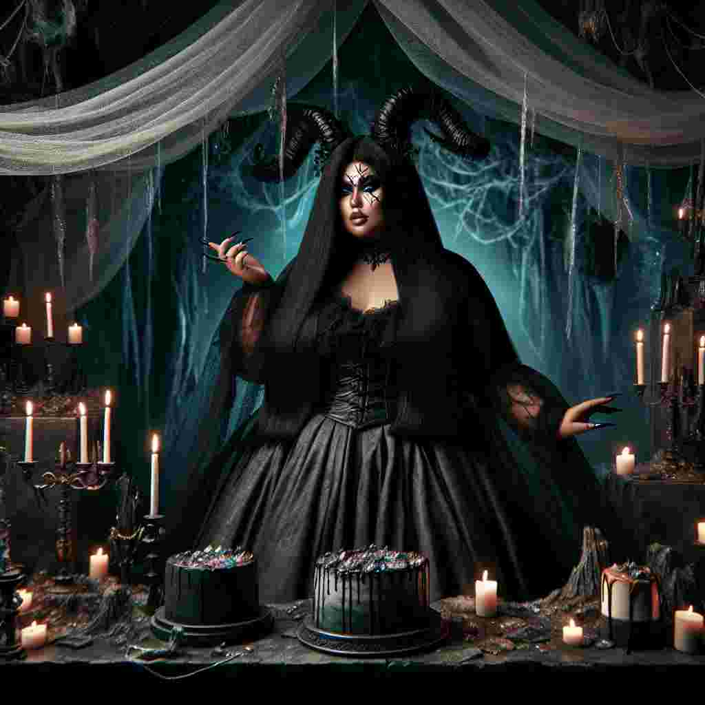 An image depicting a plus-size female figure of Hispanic descent, her long straight black hair flowing. She stands at the center of a surreal scene, reminiscent of a dark and fantastical birthday celebration. Dark makeup cracked under her eyes lends her a mysterious allure while towering black horns curling from her head signify her noble lineage. She's elegantly dressed in somber mage's attire that seems to flow around her, alive with magic. The setting around her transforms into a dungeon-esque landscape, interspersed with ethereal decorations that perfectly blend traditional birthday motifs with elements of dark fantasy. The scene exudes a mood of celebration, shadowed by the enigmatic aura of the arcane.
Generated with these themes: Plus size human female, Long straight black hair, Cracked black eye makeup, Black horns, Noble, Dungeon, Dark fantasy, and Mage.
Made with ❤️ by AI.