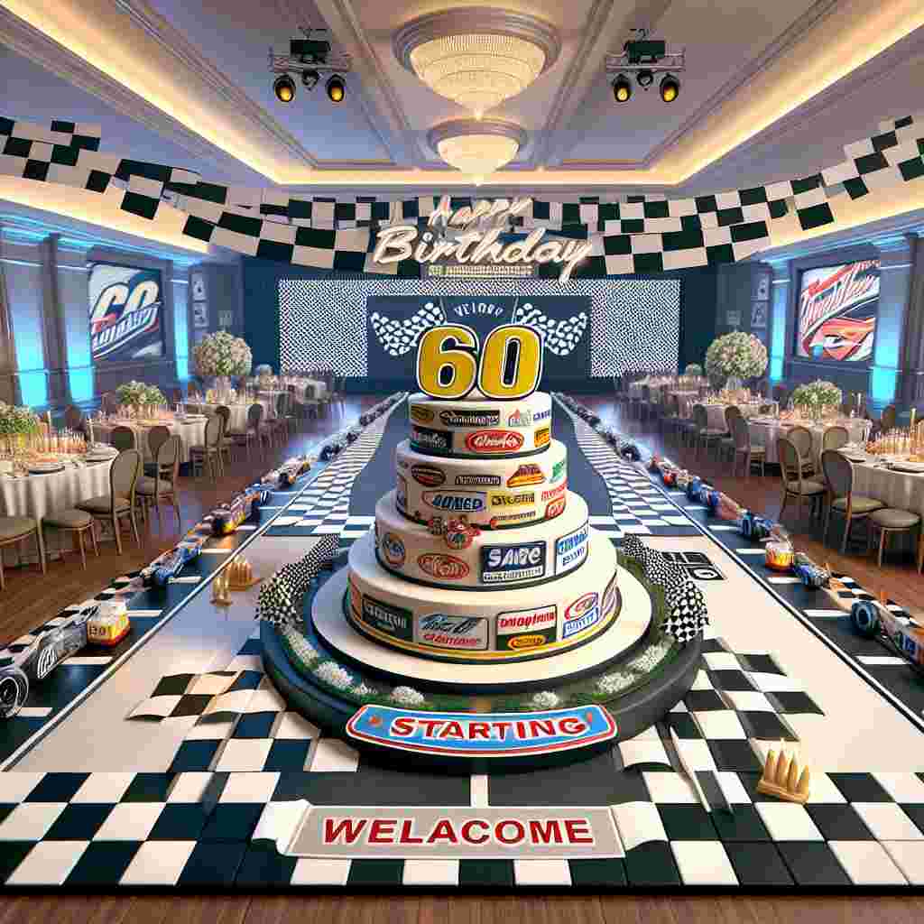 An animated image showcasing an elaborate 60th birthday venue with a realistic racing theme. The focal point is a grand, intricately designed edible racing car cake, adorned with sponsor logos and a racing number '60'. The room is embellished with life-sized checkered flags draped all around. Every table is decorated with small race car centerpieces catching the eye. An inviting starting line banner welcomes the guests, enveloping the space with an aura of joy and racing excitement.
Generated with these themes: Racing car , and 60.
Made with ❤️ by AI.