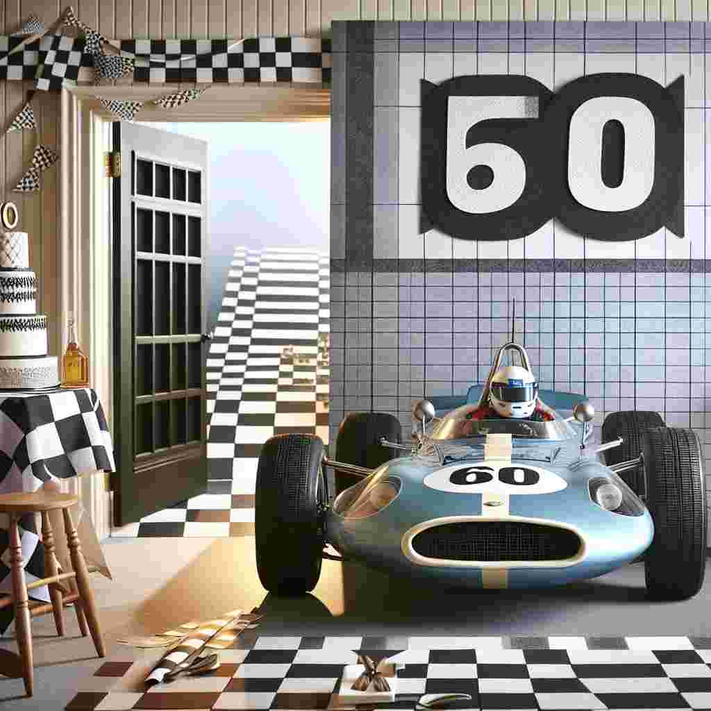 Create an image of a birthday scene which combines realism with fun elements for a 60-year-old who is passionate about racing cars. The primary decorative piece is a lifesize cutout of a racing car, prominently displaying the number '60', staged at the doorway as a centerpiece. Inside the room, allowing a touch of understated elegance, is a checkered tablecloth echoing the pattern of a finish line. Complementing it, there is a garland composed of petite checkered flags. The pièce de résistance is an expertly crafted cake emulating the sleek design of a vintage racing car, complete with an authentic color palette and precise detailing.
Generated with these themes: Racing car , and 60.
Made with ❤️ by AI.
