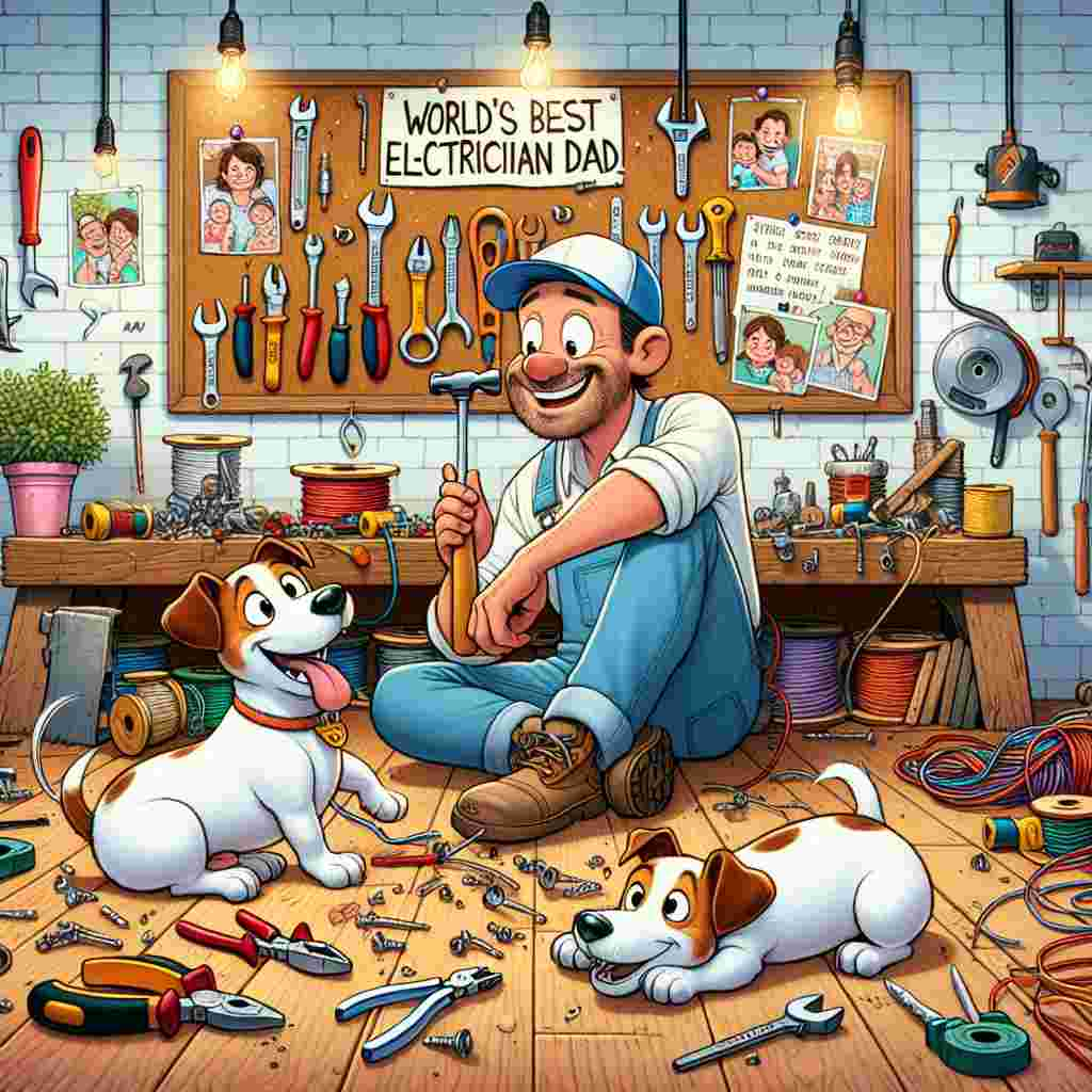 Create an image capturing a Father's Day themed cartoon scene in a cozy garage workshop. The workspace is characteristic of a Hispanic electrician dad's profession, filled with an assortment of handyman tools such as wire spools, pliers, and screwdrivers, which are scattered across a workbench. A distinctive note on the wall reads 'World's Best Electrician Dad!', surrounded by an array of different family photographs. The central focus of the scene is a mischievous tri-color Jack Russell terrier, caught midway while attempting to drag away a hammer with its tiny teeth. The scene is further highlighted by the trail of paw prints left behind, and a couple of fallen screwdrivers indicating the playful theft of tools. Remarkably, the father's presence is implied without him being visually in the scene.
Generated with these themes: Electrican dad , Jack Russell stealing tools, and Tri colour jack Russell .
Made with ❤️ by AI.