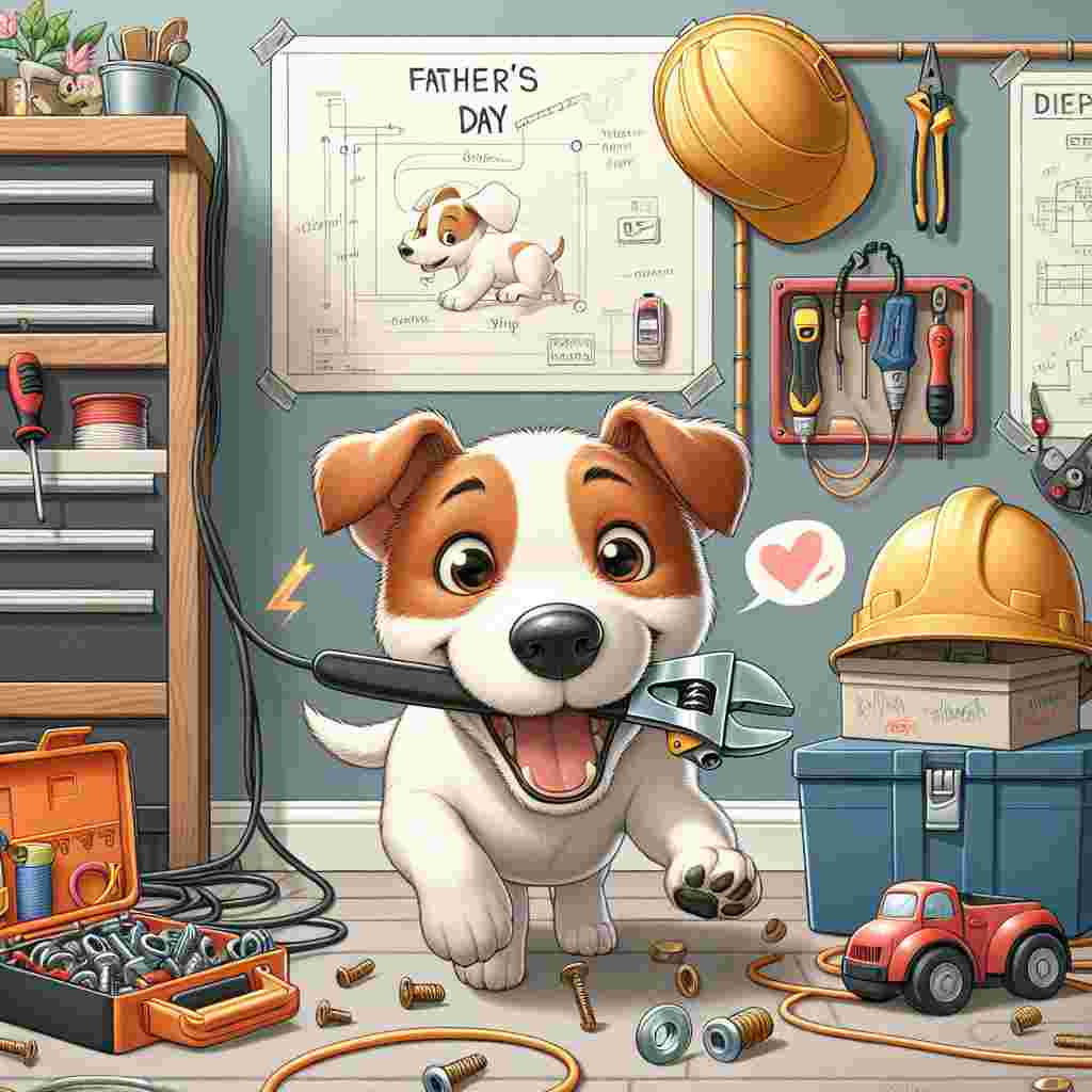 Illustrate a Father's Day-themed scene set in a neatly arranged home garage, which hints at the father's occupation as an electrician. Safety helmets and voltage testers are strategically hung on the walls, showing evidence of his trade. A playful tri-color Jack Russell dog is shown in the midst of a playful escape, a pair of wire cutters held firmly in its mouth, with a path of scattered nuts and bolts trailing behind it. Relevant objects such as a personalized toolkit and a blueprint adorned with a child's scribble and heart can be seen at different spots in the garage, subtly reflecting the warmth of fatherhood within this everyday setting.
Generated with these themes: Electrican dad , Jack Russell stealing tools, and Tri colour jack Russell .
Made with ❤️ by AI.