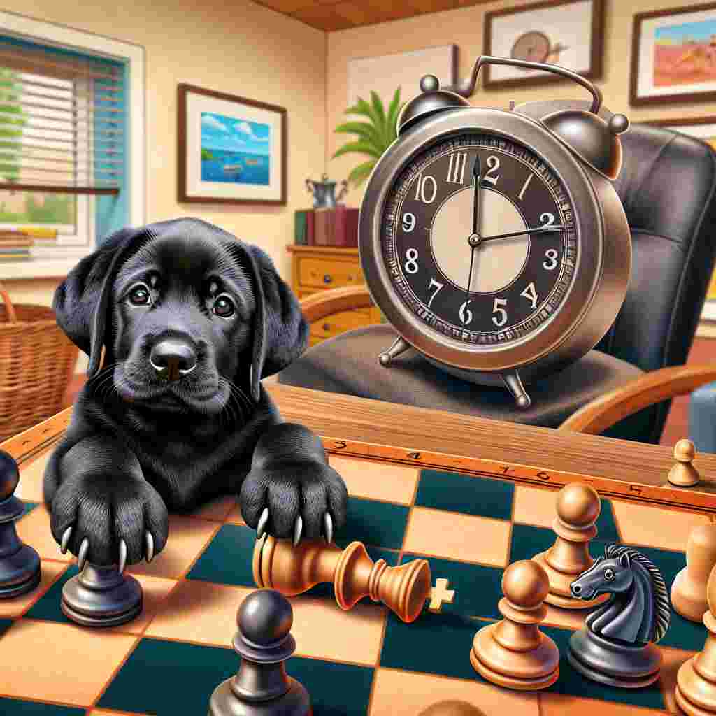Create a whimsical cartoon which features a charming black Labrador puppy with exaggerated, floppy ears nestled among an assortment of chess pieces. Its adorable paw is comically perched atop a knight, as though it's considering a strategic move. The background consists of a cozy office setting, humorously illustrated with skewed perspectives to increase the charm. On the desk, an attention-grabbing watch with large hands winds its course around the chess board, suggesting the time for expressing gratitude in a humorous, exaggerated manner.
Generated with these themes: Chess, Black labrador puppy, Watch, and Office.
Made with ❤️ by AI.