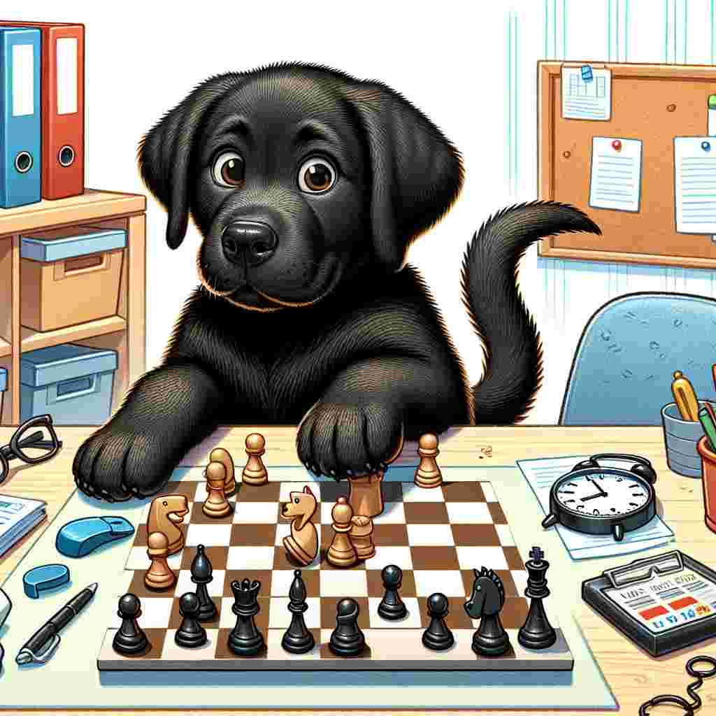 Create a lighthearted illustration featuring a playful black Labrador puppy sitting in a cluttered office. The puppy has an amusingly serious expression while looking at an in-progress chess game. Its tail is wagging with glee, causing some of the chess pieces to be knocked askew to the amusement of a nearby spectator. Near the edge of the desk, there is a watch comically embedded within the chessboard, a symbol of the time taken to unwind and play. The rest of the office is marked by a cheerful chaos, with various office supplies scattered about.
Generated with these themes: Chess, Black labrador puppy, Watch, and Office.
Made with ❤️ by AI.