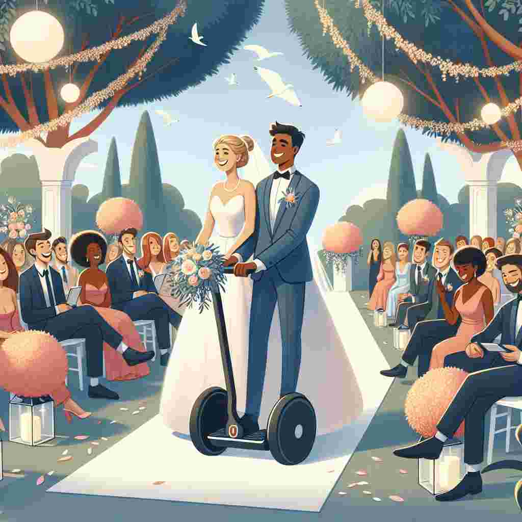 Generate a charming and whimsical illustration of a joyous wedding scene. Visualize a Caucasian bride with blonde hair and a Caucasian groom. They are both riding on a segway down the aisle, which portrays their fun and adventurous spirit. Imagine the surrounding area filled with oversized flowers and trees adorned with softly lit lanterns. The guests, a mixed group of various genders and descents including African, Hispanic, Middle Eastern, and Asian, are watching with smiles and chuckling at the unique entrance of the couple. The theme of the scene should be lighthearted, modern, and playful.
Generated with these themes: Segway, and Blonde.
Made with ❤️ by AI.