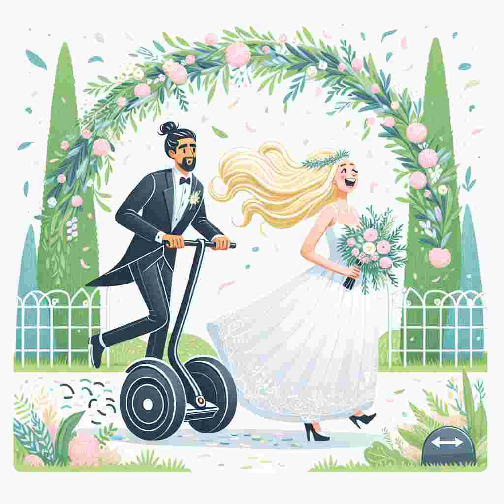 Create an imaginative illustration of a wedding set in a tranquil garden. The quirky element of the scene is the bride, a blonde Caucasian woman with flowing hair, riding a Segway, alongside her partner, a South Asian man also on a Segway. Both are brimming with joy. Detail the surroundings with elegant floral wreaths and pastel confetti, adding to the romantic atmosphere yet still emphasizing the couple's distinctive style and their moment of happiness.
Generated with these themes: Segway, and Blonde.
Made with ❤️ by AI.