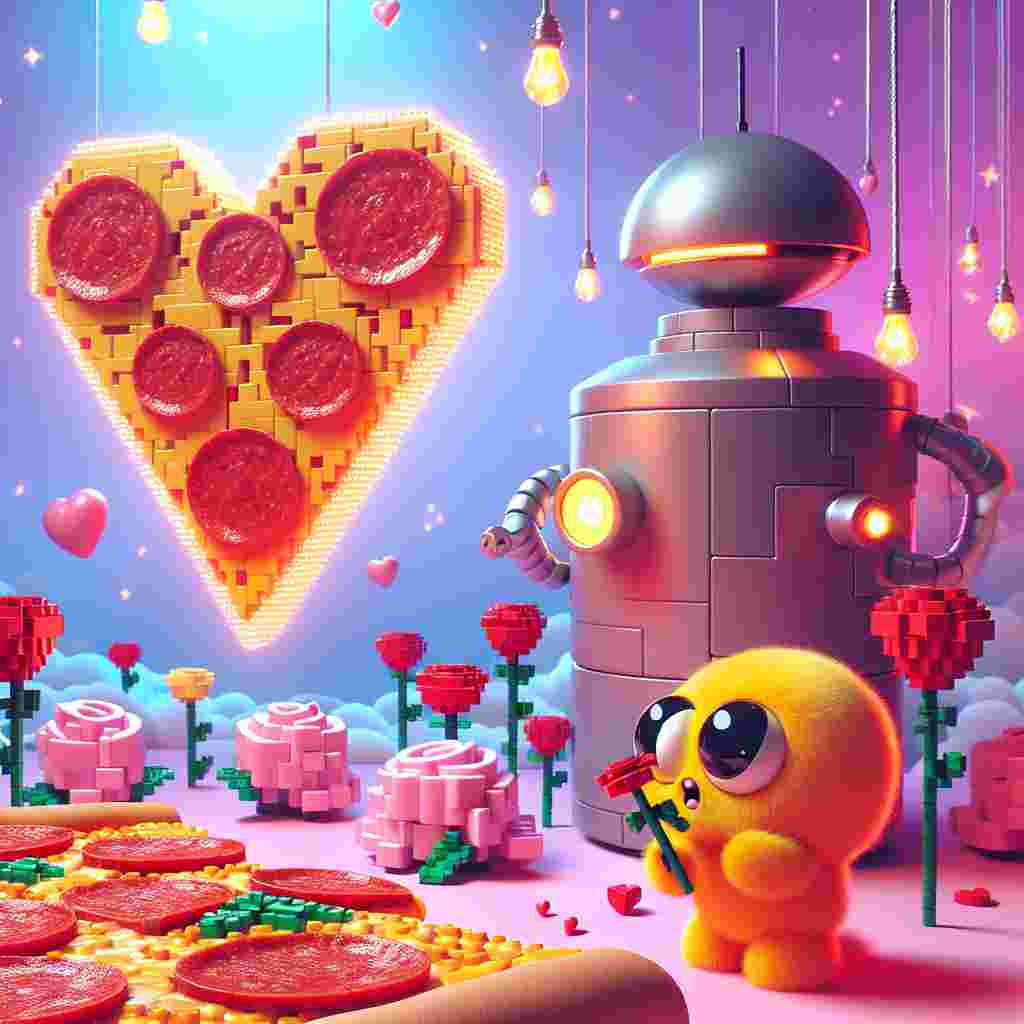 In a whimsical scene appropriate for Valentine's Day, a slice of pepperoni pizza romantically serenades an abstract, blocky heart made of interlocking bricks, all under an enchanting cotton-candy colored sky. In the background, a cylindrical robot with a dome-shaped head presents a bouquet of roses made from soft glowing electric lights to a bashful cartoon creature with bright yellow fur, pointy ears, and rosy cheeks. Their eyes meet amidst a collection of heart-shaped novelty items and brick-built flowers.
Generated with these themes: Pizza, Lego, R2d2, and Pokemon.
Made with ❤️ by AI.