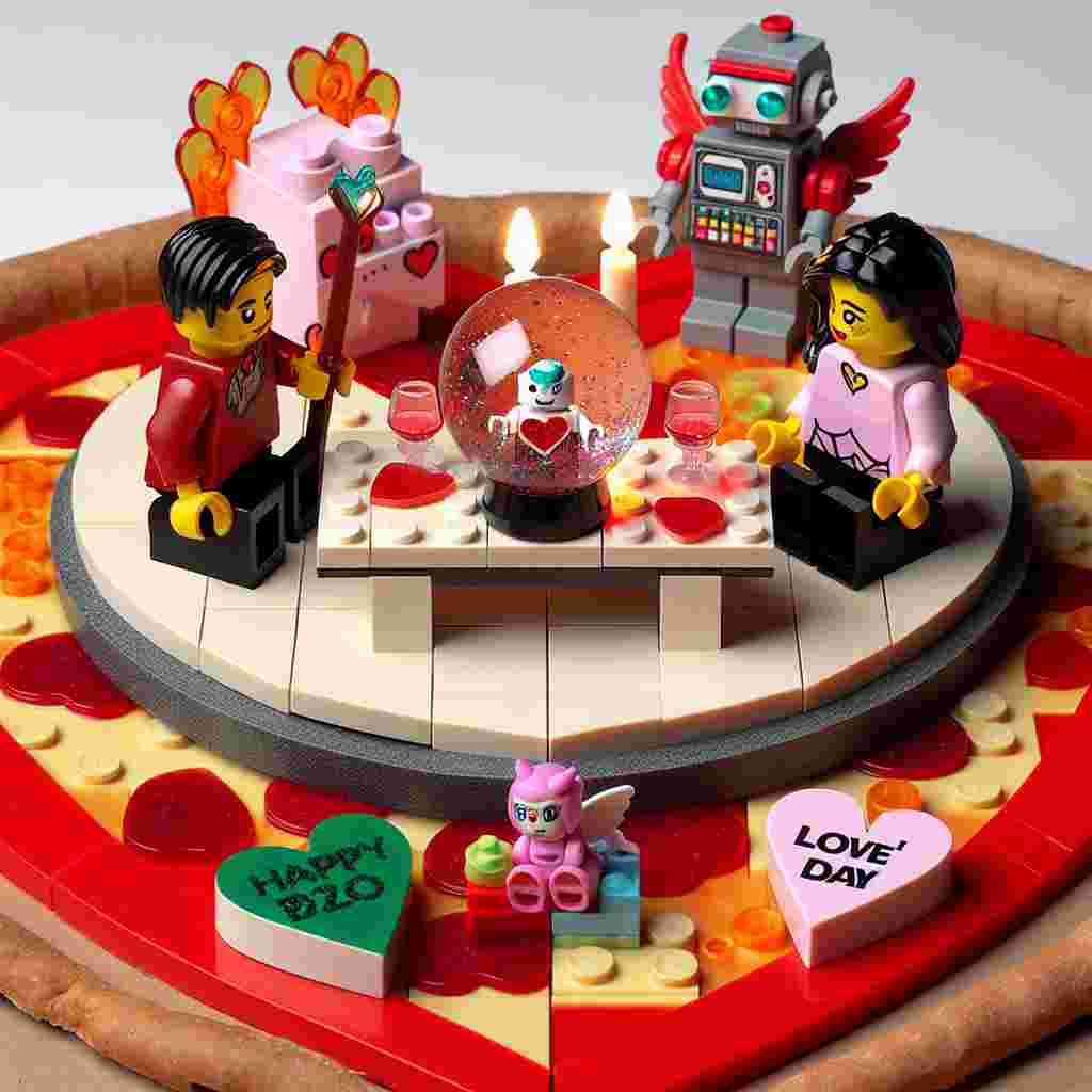Imagine a unique Valentine's Day scene occurring on a giant heart-shaped pizza. On top of the pizza, a pair of Lego figurines, gender-neutral and without any specific racial attributes, enjoy a romantic dinner, their faces illuminated by the soft glow of a makeshift candle constructed from colorful stacking bricks. Nearby, a generic robot toy decorated with pink and red decals subtly presents a crystal sphere. Inside the sphere, a small, whimsical creature akin to a cupid flutters, ready to let loose a love-afflicted arrow.
Generated with these themes: Pizza, Lego, R2d2, and Pokemon.
Made with ❤️ by AI.