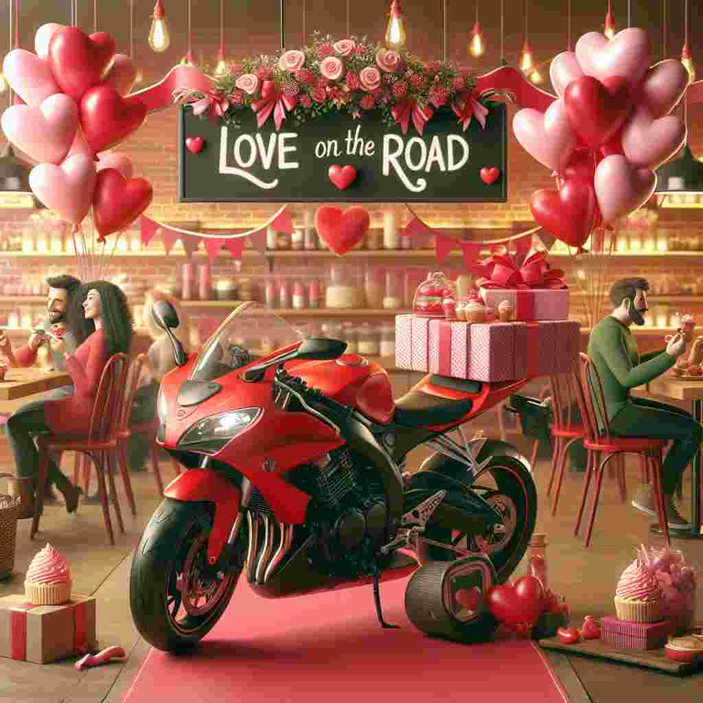 Visualize a Valentine's Day-themed image highlighting a vibrant red motorbike with the number plate 'V2 ODD' as the main attention. This motorbike is adorned with ribbon and balloon embellishments, predominantly in red and pink hues, signifying love. Behind the motorbike, a warm and snug cafe scene is taking place where different couples, representing various descents and genders, are savoring their sweet treats. An overhead chalkboard sign displays the phrase 'Love on the Road'.
Generated with these themes:  Red Harley Davidson Motor bike, and Registration V2 ODD.
Made with ❤️ by AI.