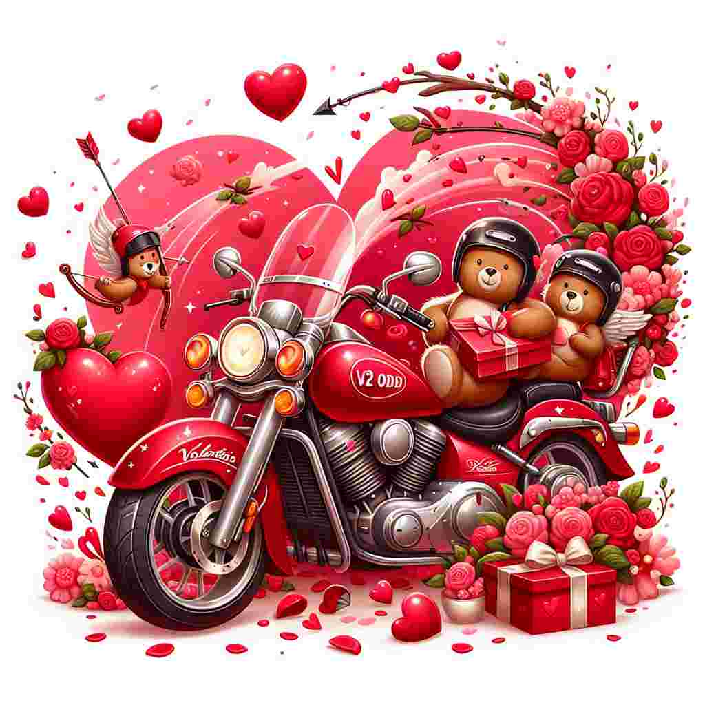 Create an illustration for Valentine's Day that centers around a shiny red motorbike with the license plate reading 'V2 ODD.' The motorcycle is festooned with charming hearts and Cupid's arrows, and it's parked under a tree full of heart-shaped leaves. A couple of teddy bears wearing helmets are perched on the bike, sharing a box of chocolates amidst a whirlwind of red and pink rose petals.
Generated with these themes:  Red Harley Davidson Motor bike, and Registration V2 ODD.
Made with ❤️ by AI.