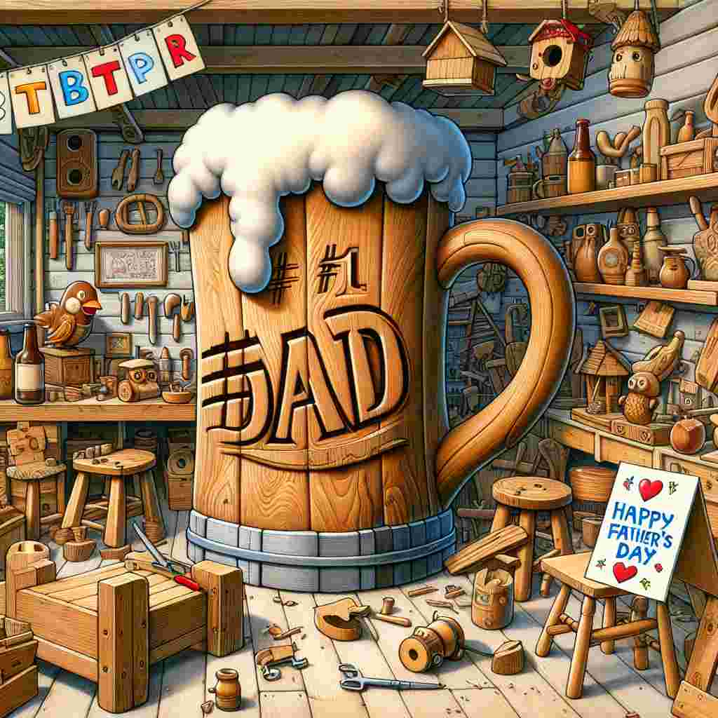 An enchanting cartoon scene in a lively shed which has been repurposed into a bustling workshop. There are numerous wooden creations suggestively scattered around the space, alluding to a father's immersive hobby. Dominating the room is a grand, oversized wooden beer mug, elaborately adorned with '#1 Dad' intricately carved into it. Various woodworking tools can be seen on the workstation, sitting next to a half-completed birdhouse and a merry card boldly lettered 'Happy Father's Day.' The setting humorously paints a picture of several comical woodworking mishaps - a skew chair, an unstable table, and a humorous wooden robot, all of which humorously narrate the fun-loving father's imaginative, but not always successful, crafting journeys.
Generated with these themes: Woodwork, and Beer.
Made with ❤️ by AI.