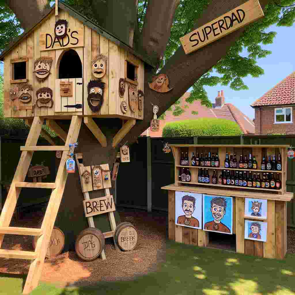 Picture a sunny suburban backyard where an impressive treehouse stands, displaying the mastery of a dad's carpentry skills. Walls are lined with wooden planks etched with goofy faces, and a charming ladder created from mismatched pieces of wood beckons spectators upward. Below, a make-shift stand fashioned from burnished wood exhibits assorted bottles, humorously labeled as 'Dad's Brew', along with a series of beer taps characterized by playful caricatures. Attached to the tree are children's illustrations featuring their imagined hero dubbed 'SuperDad', infusing the area with a warm sentiment, especially palpable during a Father's Day celebration, despite the absence of the father.
Generated with these themes: Woodwork, and Beer.
Made with ❤️ by AI.