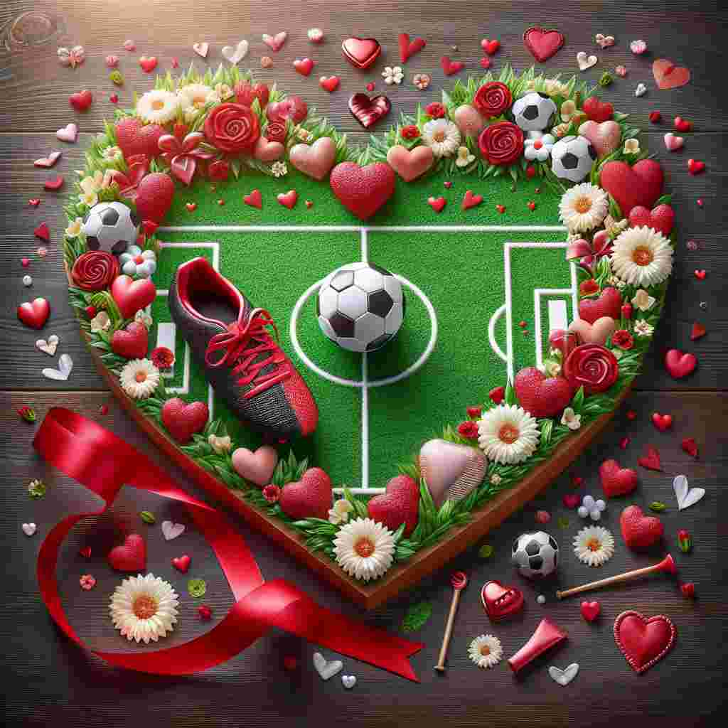 Create an enchanting depiction of a Valentine's Day themed design. The layout emanates a spirit of love and includes a heart-shaped soccer field acting as the central motif. Resting near the field's center spot is a pair of sporty cleats, their laces adorned with a charming red ribbon as a symbol of unity. Surrounding the playing field is a vibrant and lively audience of flowers and balloons, offering their enthusiastic support and adding a touch of festive joy to the romantic setting.
Generated with these themes: Soccer.
Made with ❤️ by AI.