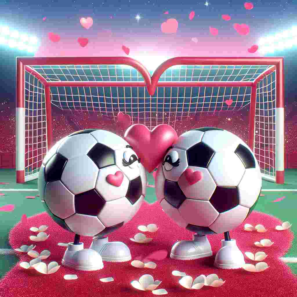 Illustrate a delightful scene for Valentine's Day featuring two anthropomorphic soccer balls with cheery faces, poised for a playful kiss. They're set in front of a uniquely heart-shaped goal net with the soccer pitch decorated in petals and confetti in romantic shades of pink and red, artfully merging the themes of love and football.
Generated with these themes: Soccer.
Made with ❤️ by AI.