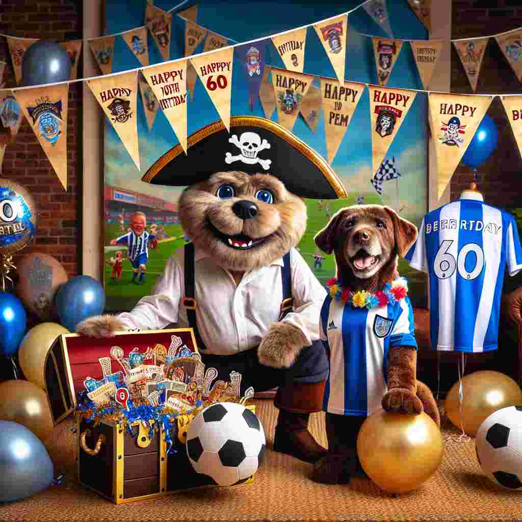 A festive birthday scene encapsulates the joy of a 60-year-old charismatic pirate character's birthday, covered with pirate-themed decorations in vibrant, true-to-life earthy colors. Alongside a backdrop of fluttering pennants of an anonymous football club, a life-sized, endearing brown labrador mascot, dressed in team colors, adds delight as it presents a treasure chest overflowing with birthday surprises.
Generated with these themes: 60th birthday Jack sparrow. Kilmarnock fc brown labrador .
Made with ❤️ by AI.