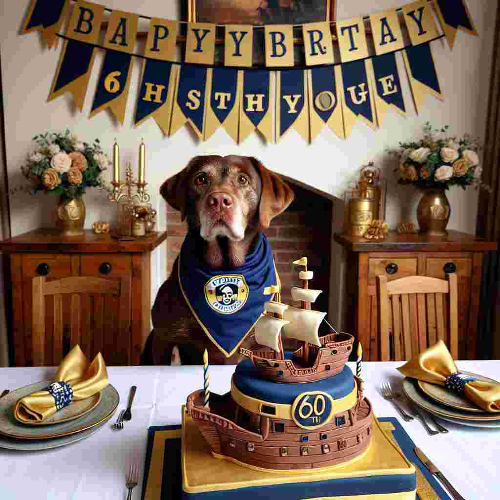 A room is filled with a warm and genuine birthday atmosphere to celebrate the 60th of a beloved pirate character. A brown labrador wearing a bandana of deep blue and pale gold, associated with a popular football club, is nimbly navigating through tables decked in the same navy and gold colors. A carefully constructed cake, in the shape of a pirate ship and having an impressive degree of accuracy, waits eagerly for its adventurous reveal beside a celebratory banner that proclaims 'Captain's 60th Voyage.'
Generated with these themes: 60th birthday Jack sparrow. Kilmarnock fc brown labrador .
Made with ❤️ by AI.