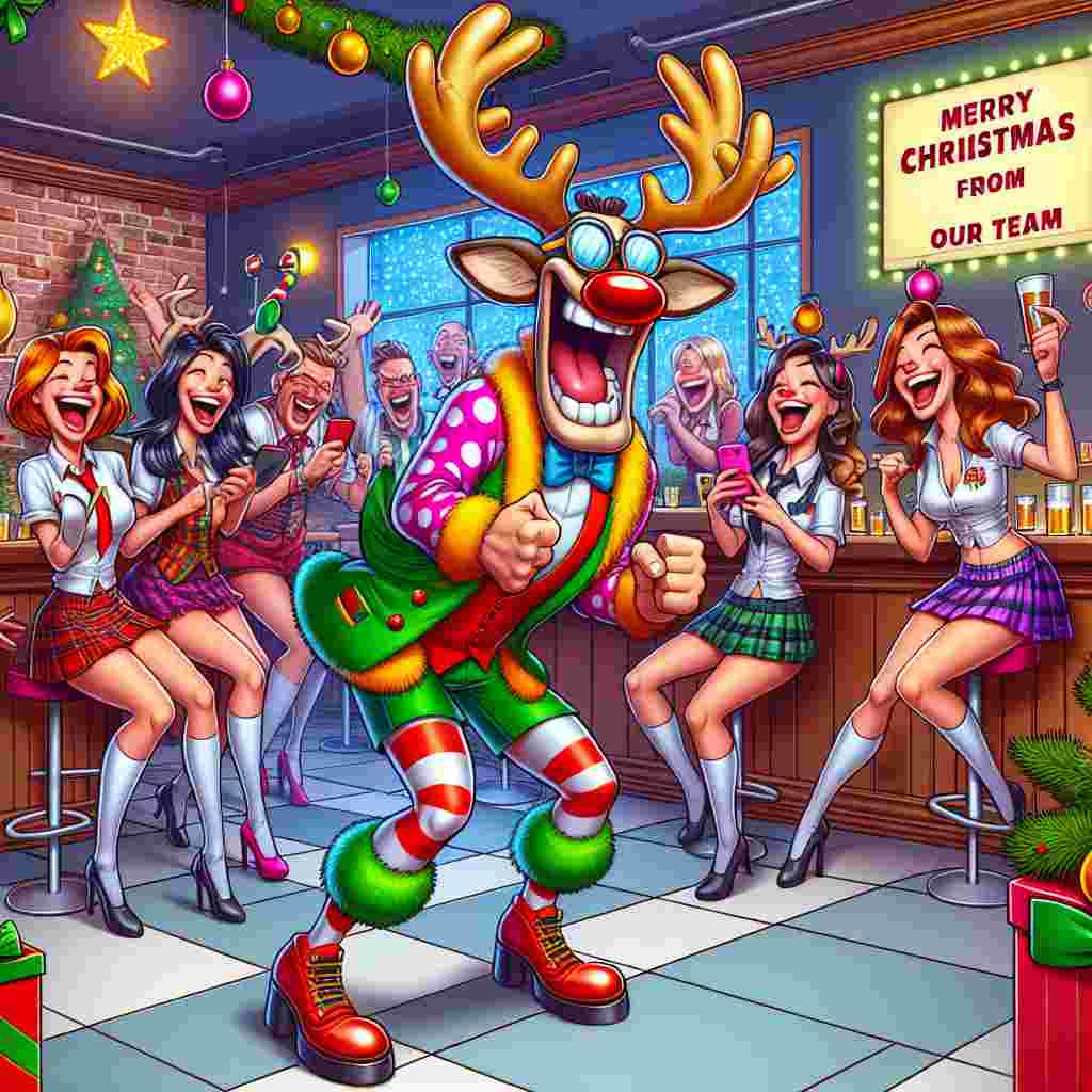 A festive and funny cartoon scene unfolds in a Christmas-adorned strip club where a stag, decked out as Jimmy Savile, squirms through a lap dance. His entourage, men in schoolgirl attire, laugh heartily, filming the tease on their phones. Adding to the oddity, a 'Merry Christmas from Jimmy' message is displayed prominently.
Generated with these themes: Stag party where stag is dressed as Jimmy Savile and stag party are men dressed as school girls, At a strip club where stag who is dressed as Jimmy Savile is having a lap dance from a stripper, Everyone in the stag party are laughing and having fun, Filming the strip tease with there mobile phones, and The stag who is dressed as Jimmy Savile looks really uncomfortable .
Made with ❤️ by AI.