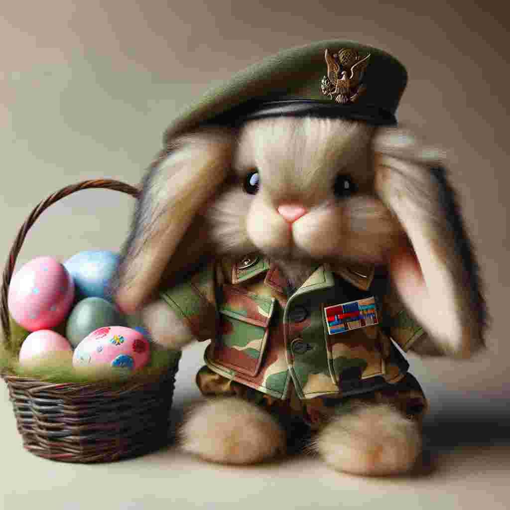 An endearing scene presents itself with a soft and realistic Easter bunny dressed up in a small military uniform that is accessorized with insignia and a beret. The rabbit is standing with pride next to a basket laden with vibrantly colored eggs. From underneath the camouflaged attire, tufts of plush fur can be seen, while the benign eyes of the rabbit contribute a sense of warmth to its austere stance.
Generated with these themes: Military Easter bunny .
Made with ❤️ by AI.