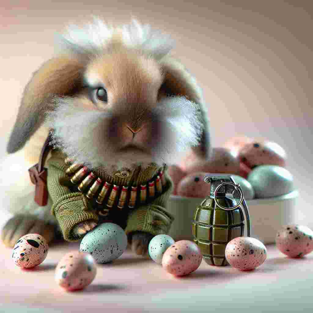 Visualize a whimsical Easter scene showcasing a realistic bunny with fluffy cotton-tail and alert ears. The bunny, interestingly dressed in miniature, highly-detailed military attire, is positioned next to a meticulously organized assortment of speckled Easter eggs. Adding an amusing twist to its stern military posture, one of its paws is gently resting on a small, adorned egg shaped like a grenade.
Generated with these themes: Military Easter bunny .
Made with ❤️ by AI.
