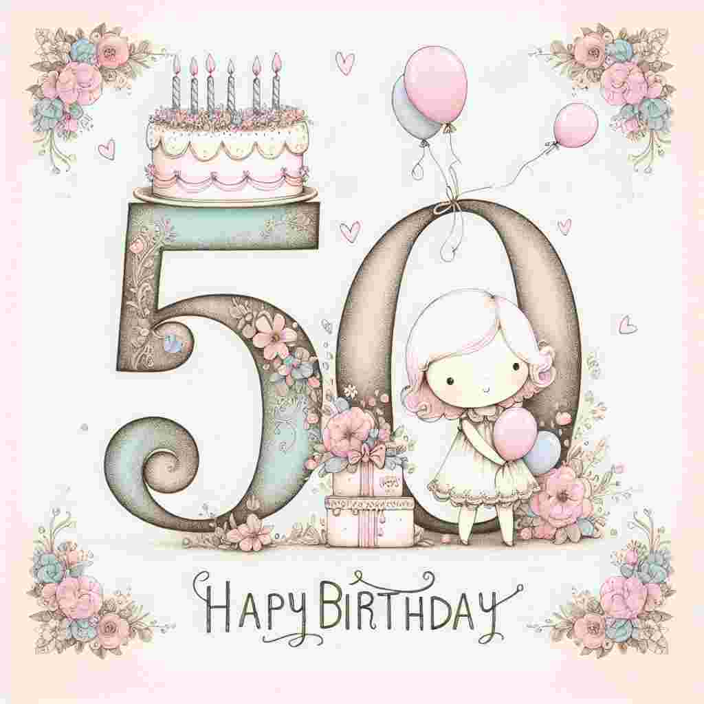 A charming illustration features a pastel color palette with a large '50' in the center, adorned with floral elements. A cute character resembling the daughter holds balloons and stands next to a cake with fifty candles. Above, 'Happy Birthday' text is styled in elegant calligraphy.
Generated with these themes: daughter 50th  .
Made with ❤️ by AI.