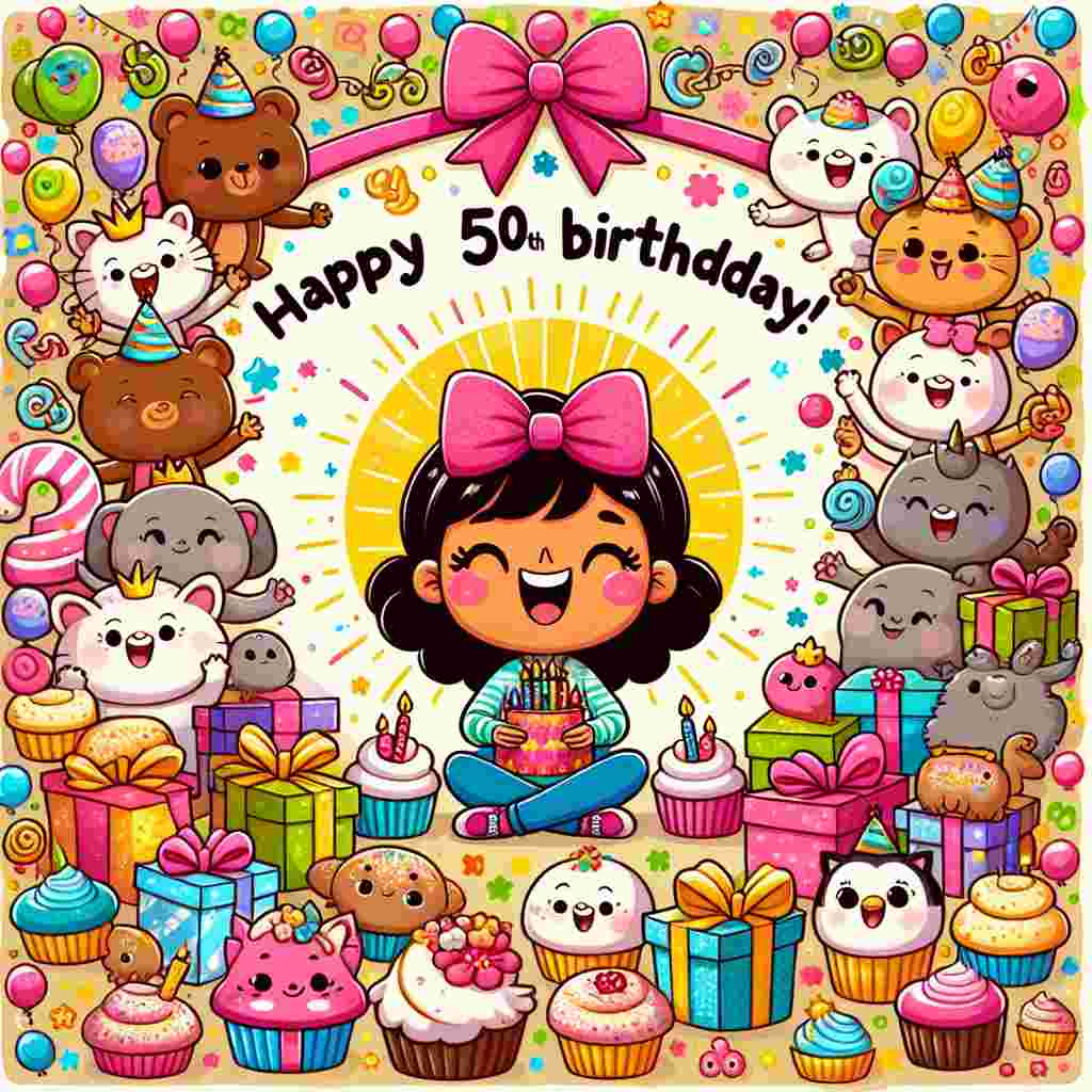 The scene presents an adorable cartoon version of the daughter surrounded by a circle of cartoon animals, each holding a letter or number that spells out 'Happy 50th Birthday'. The background is dotted with birthday presents and cupcakes, all tied together with a cute bow on top.
Generated with these themes: daughter 50th  .
Made with ❤️ by AI.