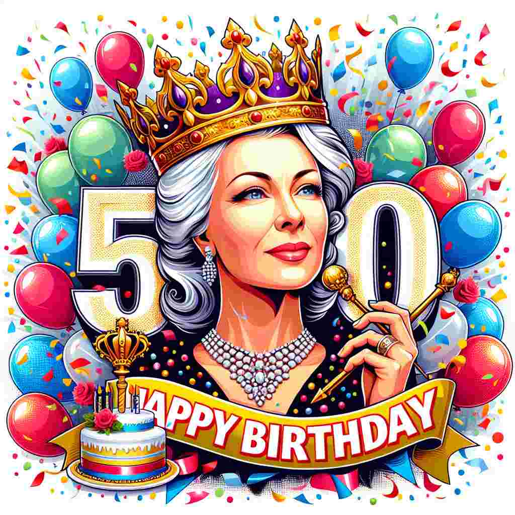 A stylized version of the daughter appears in the center of the drawing, wearing a crown and holding a scepter, alluding to a birthday-themed royal portrait. Around the scene, 'Happy Birthday' text floats amidst balloons and confetti that form the number '50', set against a vibrant background.
Generated with these themes: daughter 50th  .
Made with ❤️ by AI.