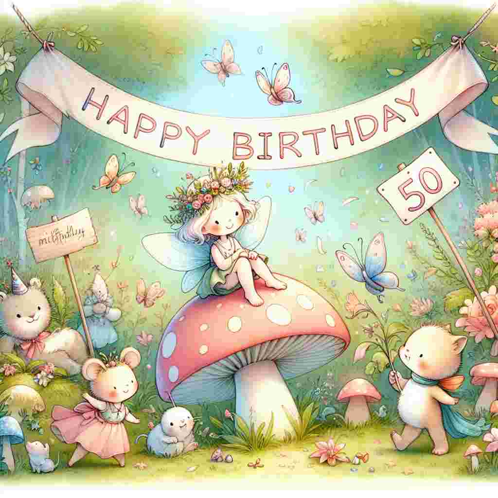 The design illustrates a whimsical garden scene with a banner that reads 'Happy Birthday', under which the daughter is playfully depicted as a fairy sitting on a mushroom. Around her, animals hold up a sign that says '50', with soft, dreamy colors enhancing the overall cuteness.
Generated with these themes: daughter 50th  .
Made with ❤️ by AI.