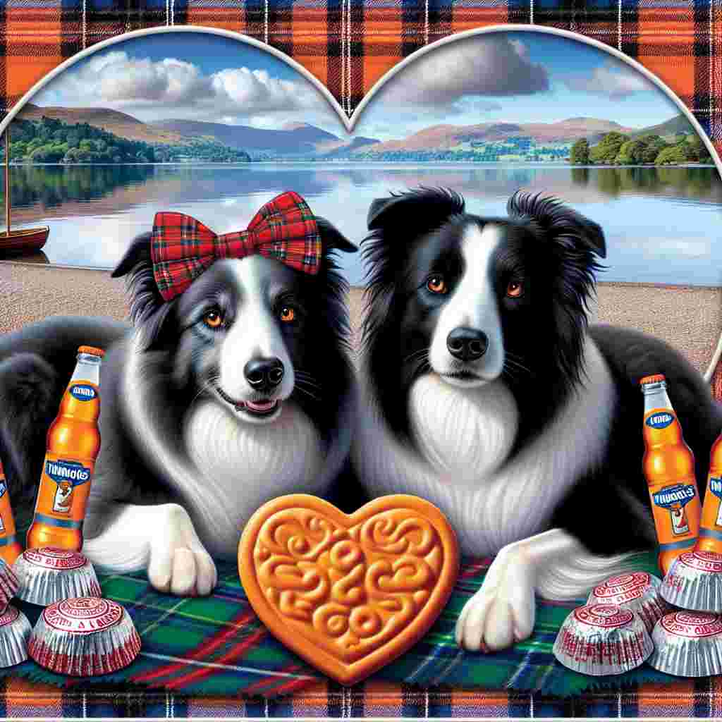 Visualize a touching image of a couple of smooth Border Collies cuddling together on a tartan blanket with the serene Lake Windermere providing a picturesque backdrop. These dogs, symbolizing Valentine's Day, are adorned with festive tartan bows. In their paws, they hold bottles of Irn Bru, a symbolic gesture emblematic of sharing a toast. Their eyes reflect a deep bond of faithfulness and adoration. In the foreground, Tunnocks tea cakes are carefully placed to form the universal symbol of love, a heart. The entire image is encapsulated with two soft lines bordering the edges, reinforcing the overall theme of love and tenderness.
Generated with these themes: Two smooth border collies, Windermere, Irn bru, Tunnocks tea cakes, and Tartan.
Made with ❤️ by AI.