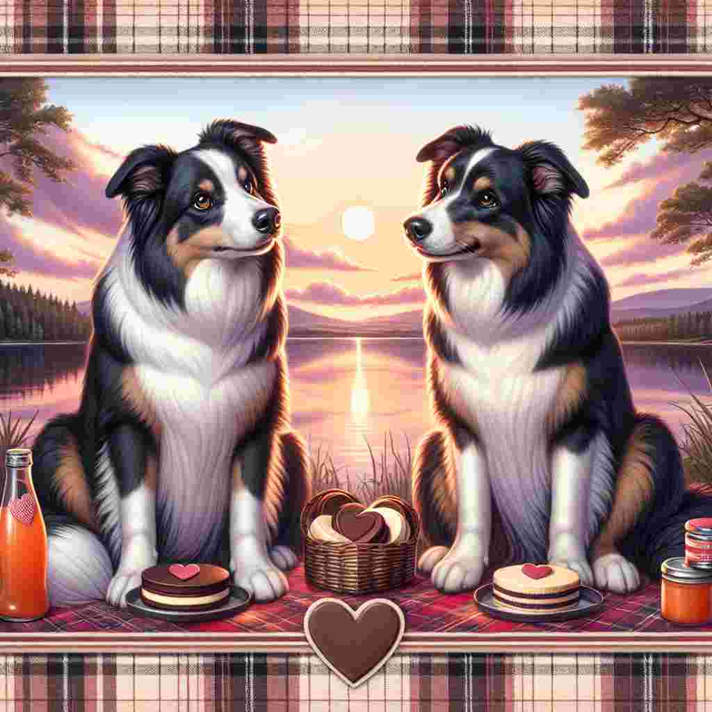 The image portrays a pair of affectionate smooth Border Collies sitting next to each other on the picturesque banks of a large lake during sunset. The dogs are exchanging tender looks in an atmosphere reminiscent of Valentine's Day. A background with soft tartan patterns gradually blends into the sunset sky. Each dog has a round chocolate tea cake in their paws, and near them is a bottle of orange soda with a heart sticker sealing the cap. The entire composition is encased within a double-lined border that adds a tidy finish to the romantic landscape.
Generated with these themes: Two smooth border collies, Windermere, Irn bru, Tunnocks tea cakes, and Tartan.
Made with ❤️ by AI.