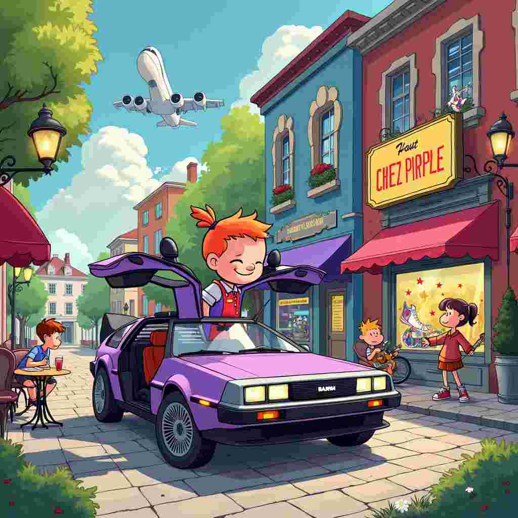 On the front cover of the birthday greeting card, imagine a lively, whimsical scene. The central figure is a cartoon character inspired by the fun-loving spirit of Calvin from "Calvin and Hobbes" but dressed in the iconic red vest, white shirt, and sneakers of Marty McFly from "Back to the Future." This character is standing on the front step of a vibrant, purple time-traveling DeLorean, its gull-wing doors open wide, revealing the futuristic dashboard inside. The DeLorean is parked on a cobblestone street, under a bright blue sky with fluffy white clouds, reminiscent of a charming European town drawn by Hergé.

Around the DeLorean, we see a bustling street scene filled with nods to the various themes. On one side of the car, a couple is enjoying a glass of red wine at a small café table, their faces lit up with laughter and animated in a simple yet expressive style reminiscent of Charles Schulz's Peanuts. The café itself has a sign that reads "Chez Purple," with purple awnings flapping gently in the breeze.

To the other side of the DeLorean, there's a quaint shoe shop with a large, eye-catching window display showcasing an array of colorful Converse sneakers. One particularly striking pair is bright purple with a star on the side, glowing under a spotlight in the window.

In the background, a billboard advertises a "McFly World Tour," featuring an image of Marty McFly with his guitar, standing triumphantly on stage with a futuristic city skyline behind him, drawn in the dramatic style of Will Eisner’s comic book covers. Above this billboard, a plane soars through the sky, trailing a banner that says, "Happy Birthday! Your adventure begins!"

On the street itself, people are walking, cycling, and chatting, each engaged in small, delightful activities. A little boy, drawn with a hint of Osamu Tezuka’s childlike wonder, gazes up at the DeLorean in awe, clutching a small toy version of the time machine. Nearby, a newspaper stand has a stack of papers with headlines celebrating various travel adventures, with a hint of Art Spiegelman’s detailed line work.

Every element in the scene, from the cobblestones to the café sign, is infused with a touch of whimsy and detail, creating a rich, engaging image that tells a fun, celebratory story just perfect for a birthday greeting card.
Generated with these themes: Wine, Mcfly, Converse, Purple, and Travel.
Made with ❤️ by AI.