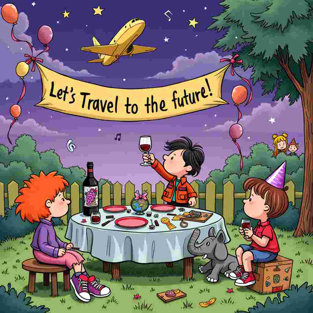 In the center of the card is a vibrant cartoon scene set at a whimsical outdoor birthday celebration. The backdrop features an enchanting purple sky, reminiscent of Winsor McCay's "Little Nemo in Slumberland," dotted with playful stars and floating musical notes. A large, vintage airplane, taking inspiration from Hergé’s "Tintin," soars in the background, a nod to the theme of travel.

In the foreground, a group of quirky, anthropomorphic characters reminiscent of Charles Schulz's Peanuts are gathered around a festive picnic table. The table is set with a variety of colorful plates and glasses, with a prominent bottle of wine at the center, drawing inspiration from the wine theme. The bottle has a fun, illustrated label featuring a dancing grape, giving it a touch of Osamu Tezuka’s whimsical style.

One of the characters, wearing a pair of classic red Converse sneakers, is standing on a stool giving a toast, holding a glass of wine high above their head. This character's outfit is a playful homage to the 1980s, with a jacket similar to what Marty McFly wore in "Back to the Future," giving a subtle nod to the McFly theme.

Another character, who looks like they could have stepped out of a Bill Watterson's "Calvin and Hobbes" strip, is sitting on the ground next to the table, excitedly opening a travel-themed gift. The gift box is decorated with stickers from various exotic locations, and inside, there's a miniature globe.

In the background, there’s a quirky, Gary Larson-inspired Far Side element: a small group of cartoon animals, including a giraffe and an elephant, all dressed in purple party hats, watching the celebration from behind a fence.

The entire scene is framed by a border of festive balloons and streamers, with a large birthday banner overhead that reads, "Happy Birthday, Let's Travel to the Future!" in playful, hand-drawn letters, incorporating a little bit of Will Eisner’s dynamic graphic novel title designs.

This quirky, detailed scene ties together the themes of wine, McFly, Converse, purple, and travel in a cohesive and imaginative way, perfect for a unique and memorable birthday greeting card.
Generated with these themes: Wine, Mcfly, Converse, Purple, and Travel.
Made with ❤️ by AI.