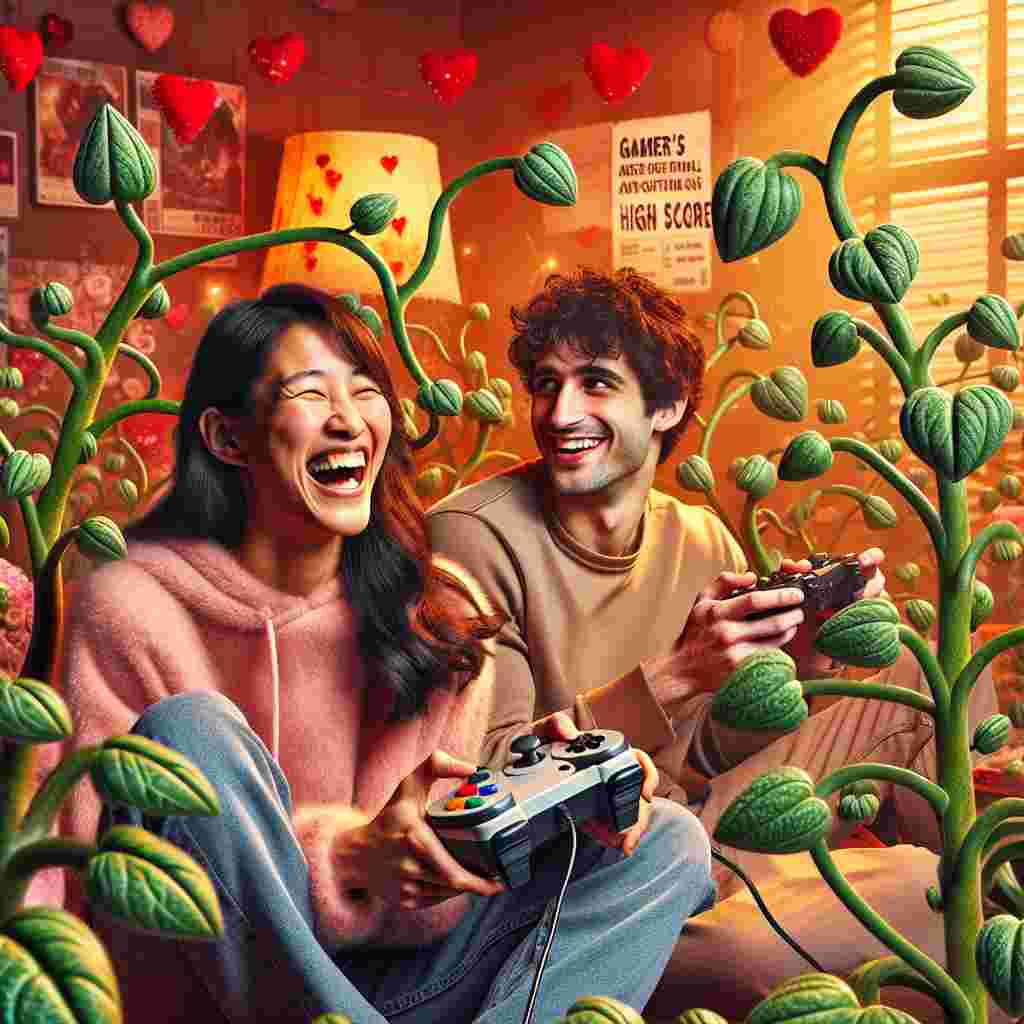 Imagine a room filled with warm Valentine's Day decorations, and as an extra playful touch, there are numerous lush green plants around, their buds curiously shaped like joysticks and leaves adorned with heart patterns. In this unique setting, a South Asian girl laughs lightly, completely absorbed in a video game with love themes on her screen. Adjacent to her, her Caucasian boyfriend finds himself humorously wrapped in a vine of gamer's high score listings and romantic holiday messages, giving the scene a touch of whimsy and love.
Generated with these themes: Gaming , Plants, and Girlfriend .
Made with ❤️ by AI.