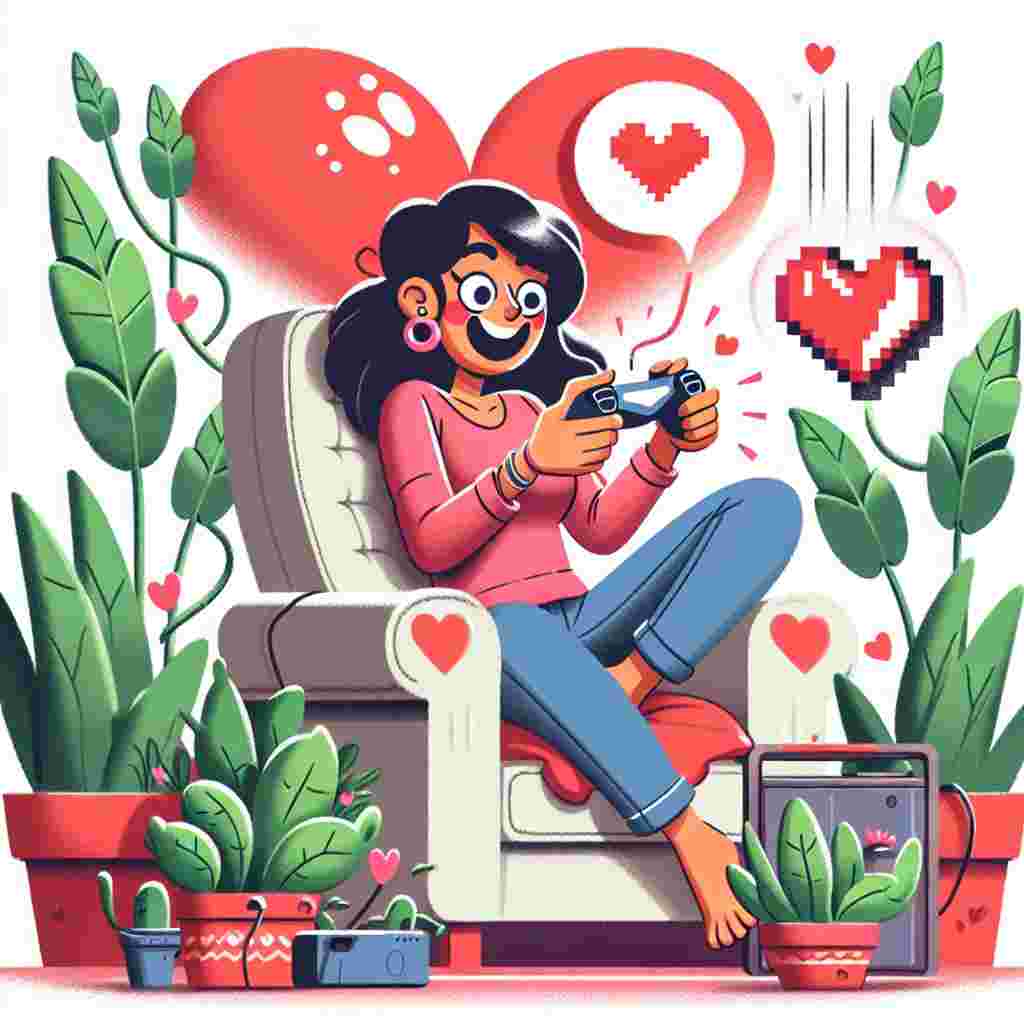 Create a humorous illustration set on Valentine's Day. Depict an ecstatic South Asian female seated on a comfortable gaming chair, surrounded by robust plants shaped like hearts. She handles a game controller adeptly, her eyes fixated on the screen displaying a pulsating pixelated heart, representing her next level named - Love Conquers All.
Generated with these themes: Gaming , Plants, and Girlfriend .
Made with ❤️ by AI.