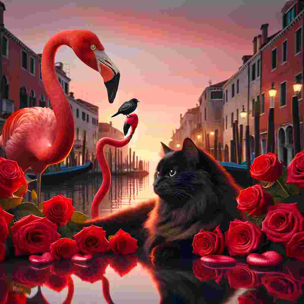 An appealing black cat with a silky fur coat lounges with elegance in the midst of a bed of intense red roses. The backdrop is characterized by the romantic ambiance of Venice's iconic canals, mirroring the gentle palette of the sunset hues. A duo of vivid flamingos, their plumage offering a striking contrast against the tranquil water channels, introduce a distinctive touch of unexpected delight into this narrative that is tinged with Valentine's Day spirit.
Generated with these themes: Black cat, Roses, Flamingo, and Venice.
Made with ❤️ by AI.