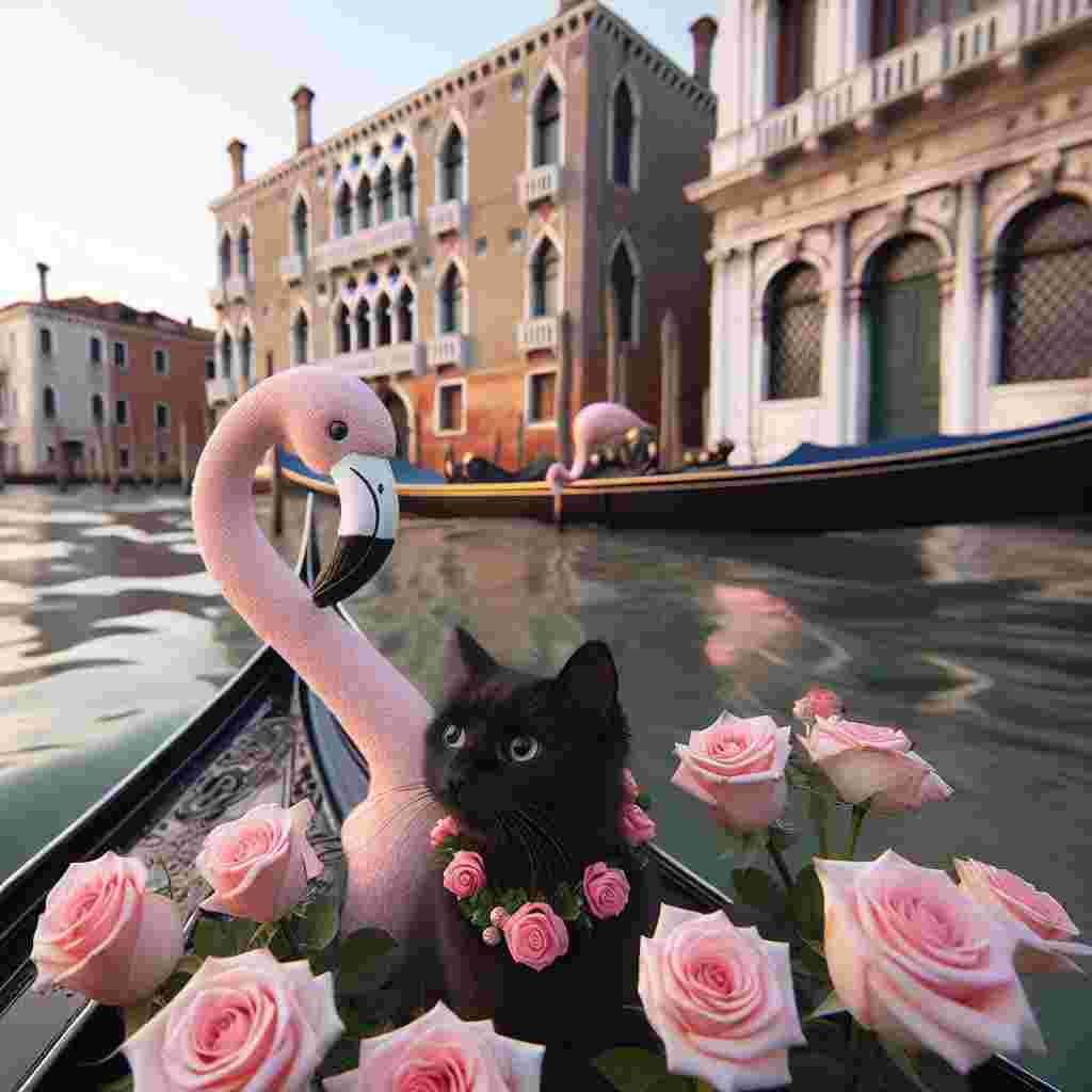 Imagine a peaceful scene taking place on a Venetian gondola, where a cuddly black cat is comfortably seated, sporting a petite rose garland around its neck. The gondola drifts gently past architectural marvels made of elegant stone, while the water beneath subtly mirrors the hues of the evening sky. Close by, a flamingo elegantly dips its head among a collection of roses gathered at the edge of the boat. The aroma of these blossoms mingles seamlessly with the fresh, sea-like scent of the canal, creating a soothing, sensory experience.
Generated with these themes: Black cat, Roses, Flamingo, and Venice.
Made with ❤️ by AI.
