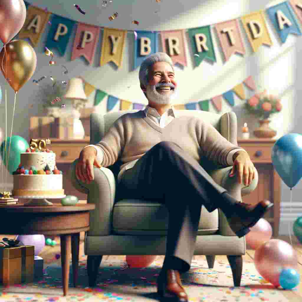 A charming illustration shows a man smiling widely as he sits in a cozy armchair, surrounded by balloons and a banner that reads 'Happy 50th Birthday!' Balloons and confetti are scattered around while a cake with ‘Happy Birthday’ icing sits on a nearby table, awaiting the celebration.
Generated with these themes: 50th   for him.
Made with ❤️ by AI.