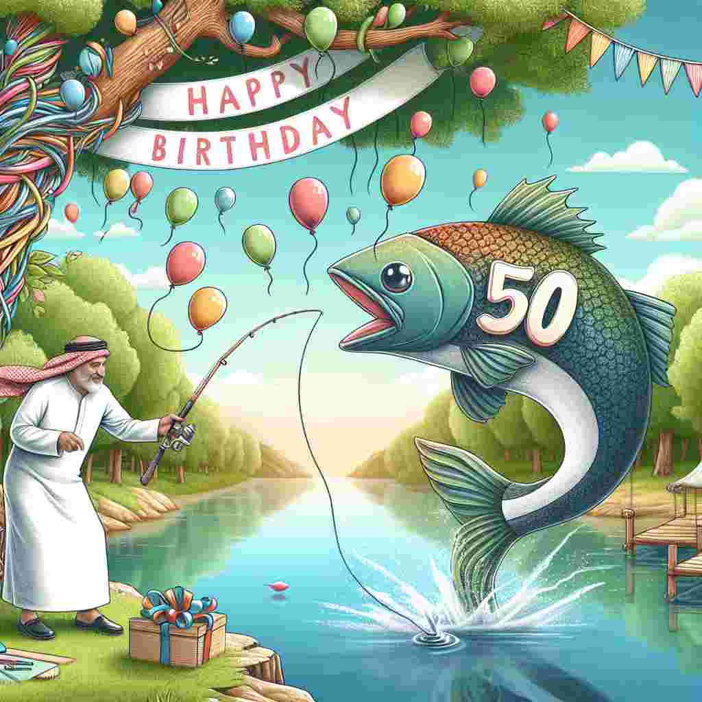 This heartwarming depiction presents a man fishing by a serene lake with a big '50' shaped fish jumping out of the water, creating a splash. The surrounding nature is filled with party elements like balloon trees and a 'Happy Birthday' banner strung across the branches.
Generated with these themes: 50th   for him.
Made with ❤️ by AI.