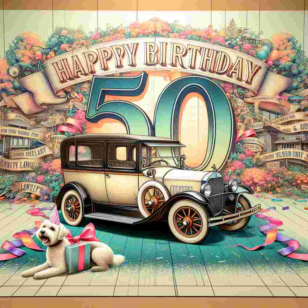 In this delightful scene, a vintage car is adorned with streamers and a large '50' on the side. The car is parked in front of a festive backdrop that includes the message 'Happy Birthday' in bold letters. A friendly dog with a party hat adds to the fun, symbolizing loyalty and companionship over the years.
Generated with these themes: 50th   for him.
Made with ❤️ by AI.