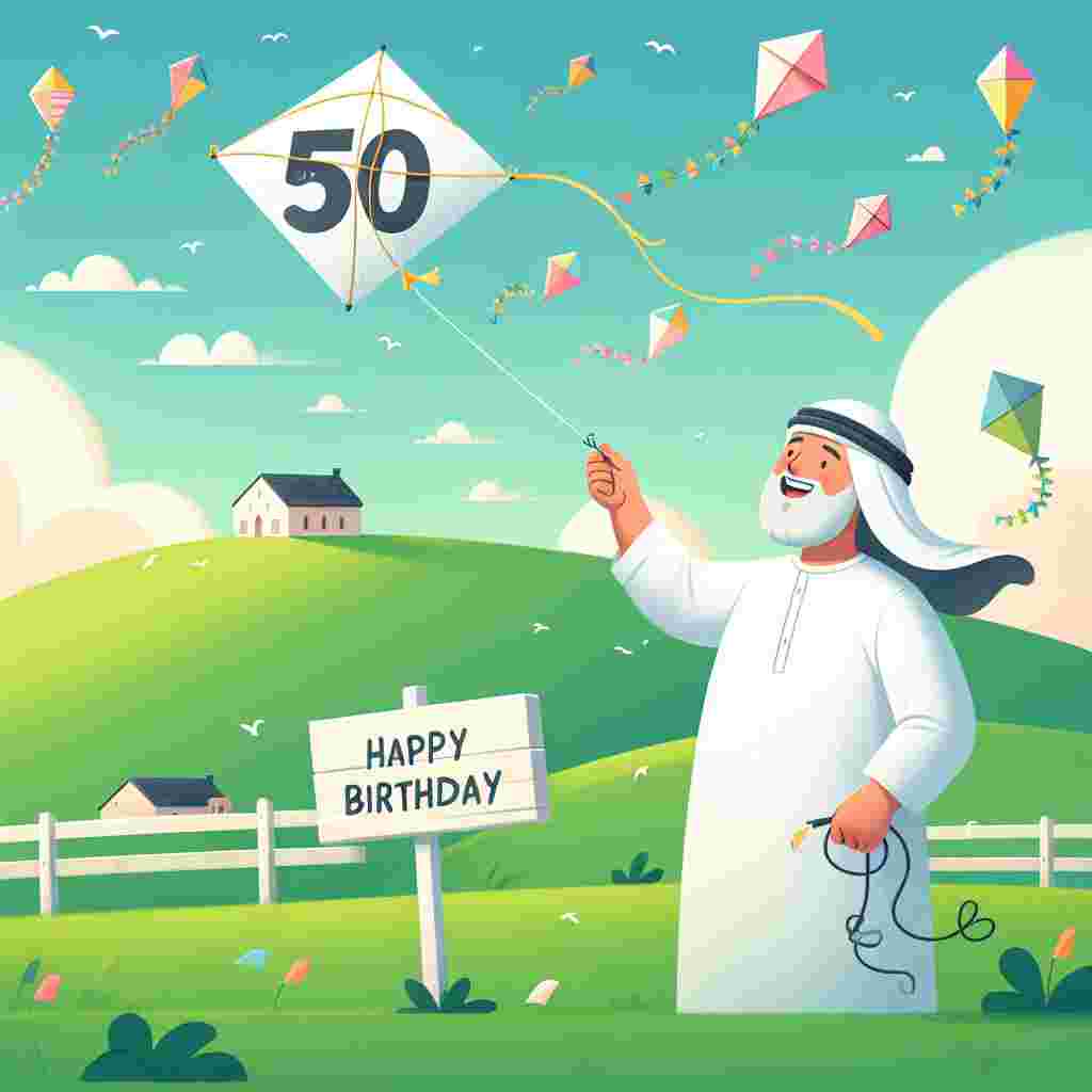 The illustration features a whimsical scene where a gentleman is flying a kite in the shape of the number 50. The sky is dotted with clouds and other vibrant kites, and below, a sign swings in the breeze, saying 'Happy Birthday' against a backdrop of rolling green hills.
Generated with these themes: 50th   for him.
Made with ❤️ by AI.