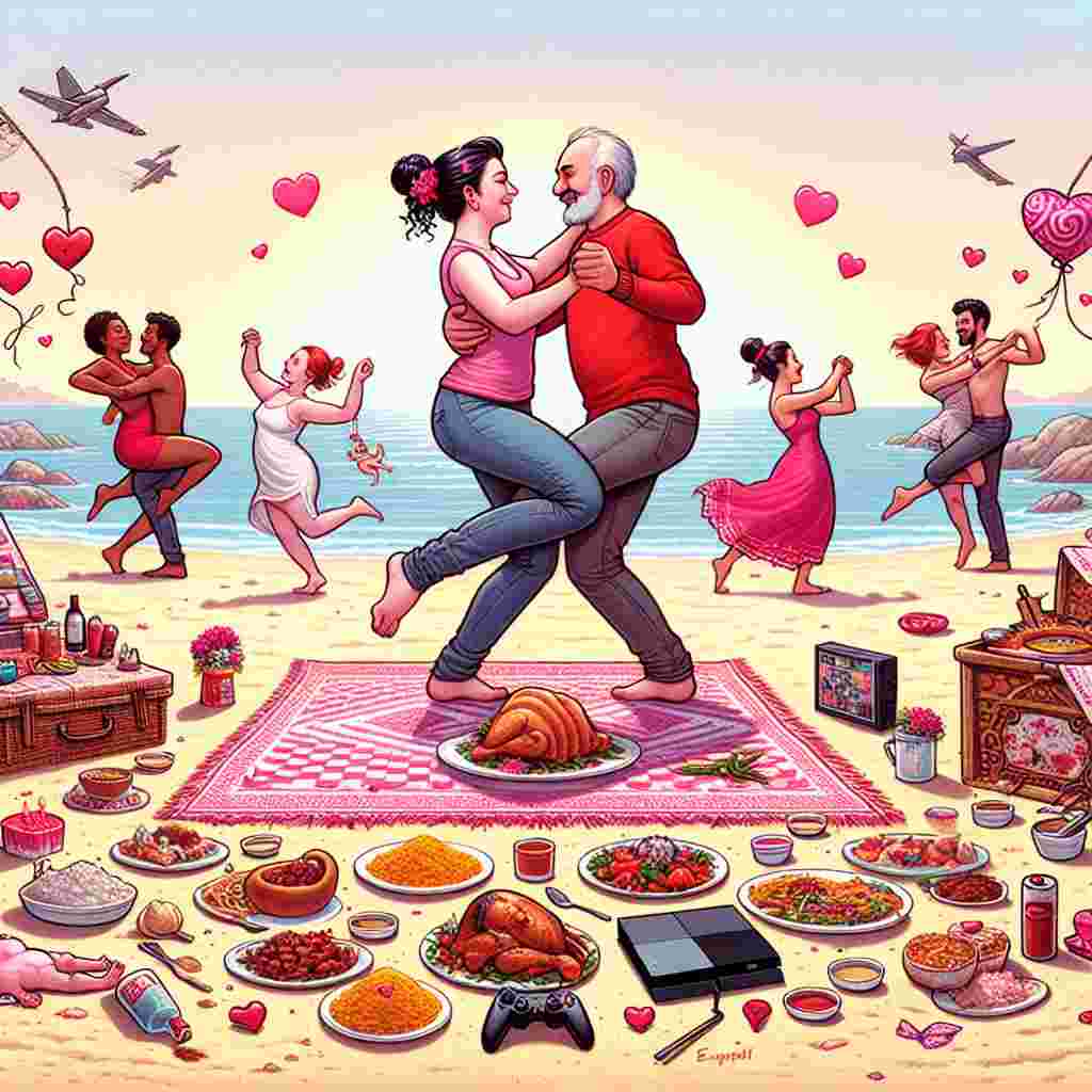 Illustrate a humorous Valentine's Day card. The central image showcases a diverse couple immersed in synchronized dance, specifically the mave, on the sandy beaches of Turkey. The beach is adorned with symbols of Valentine's Day such as hearts, cupids, and pink, white, and red decorations. Nearby, an unbranded gaming console awaits attendance on a picnic blanket. Occasionally, the couple takes breaks from their dance to engage in a playful competition on the console, their laughter echoing across the beach. Their romantic retreat is made complete with a selection of vivid and tantalizing Indian dishes spread open beside them, adding an exotic culinary flair to their holiday.
Generated with these themes: Doing mave, Playing xbox, Holiday In turkey, and Eating Indian food.
Made with ❤️ by AI.