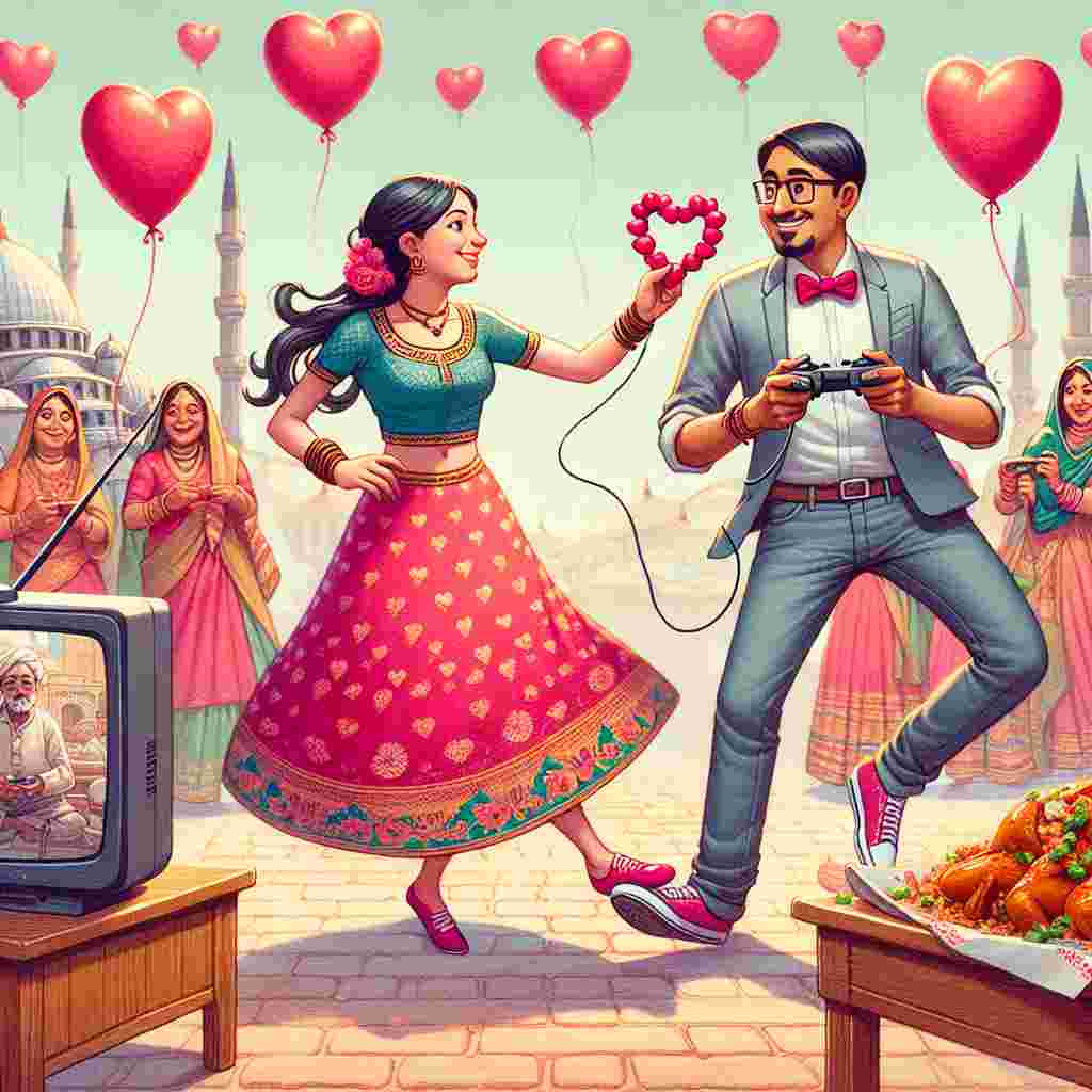 Envision a playful illustration themed around Valentine's Day, depicting a mixed-race couple participating in the mave dance. This couple, an Hispanic woman and a South Asian man, are surrounded by heart-shaped balloons, exuding lighthearted romance. They dance against a fanciful background reflective of a festive scene in Turkey. The couple take occasional pauses to engage in a round of video games on a non-specific console, visible on a nearby television screen. An adjacent table is laden with fragrant Indian cuisine, showcasing a melding of tradition and present-day love in a humorous manner.
Generated with these themes: Doing mave, Playing xbox, Holiday In turkey, and Eating Indian food.
Made with ❤️ by AI.
