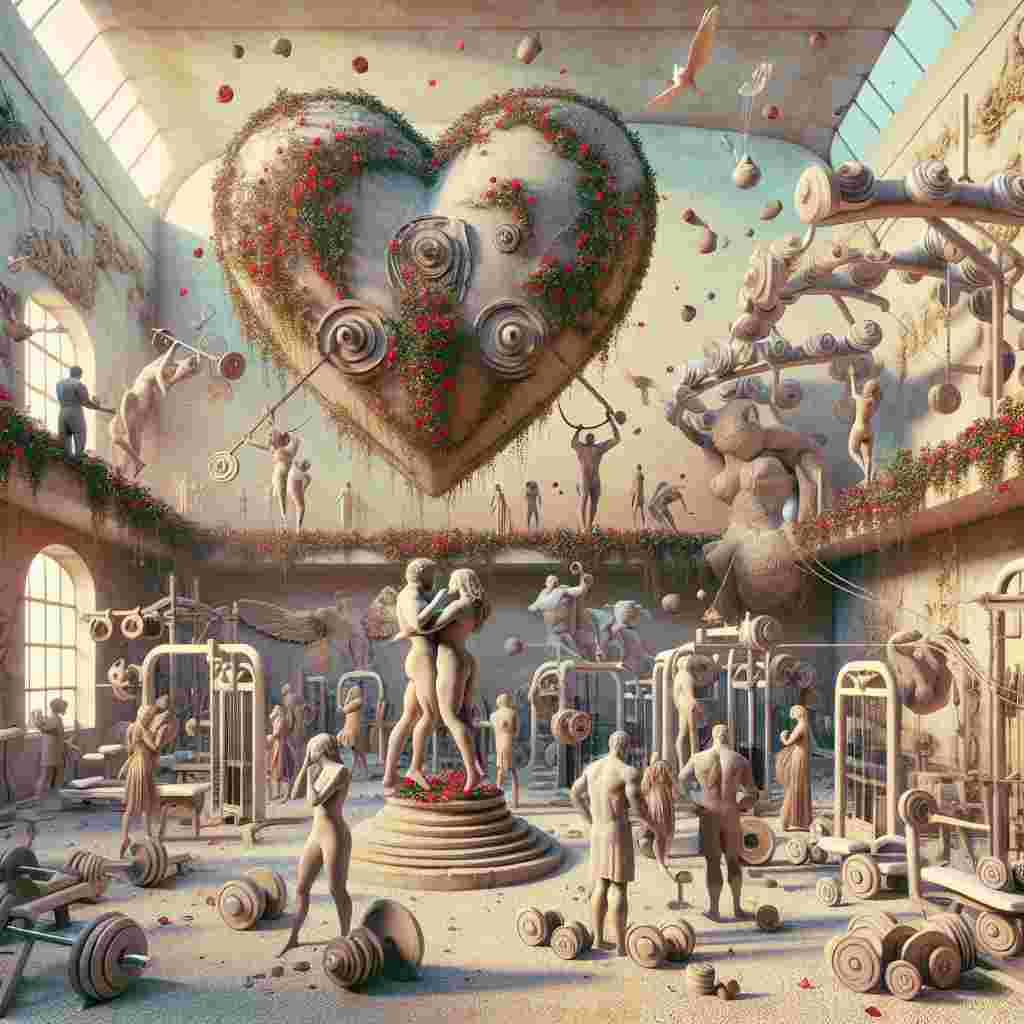 In a whimsical Valentine's Day snapshot, an eclectic group of people belonging to a fictitious organization, known as 'The Cult of Cupid', are conducting a fantastical ceremony inside an unusually heart-shaped gym. The building's walls appear to warp and flex as if they were made from stretchable material. The typical gym apparatus is being gradually consumed by a lush growth of roses and trailing plants, all seeming to vibrate with an ethereal vitality. Central to this odd spectacle, a sculptural arrangement, made from volcanic ash and evoking the poignant figures preserved at Pompeii, displays a pair of lovers frozen in their final, tender moment. Rising behind their figure, an assortment of gym weights, varying in size and design, levitate, orbiting the scene as if forming a strange yet charming constellation.
Generated with these themes: The cult, Gym, and Pompeii.
Made with ❤️ by AI.