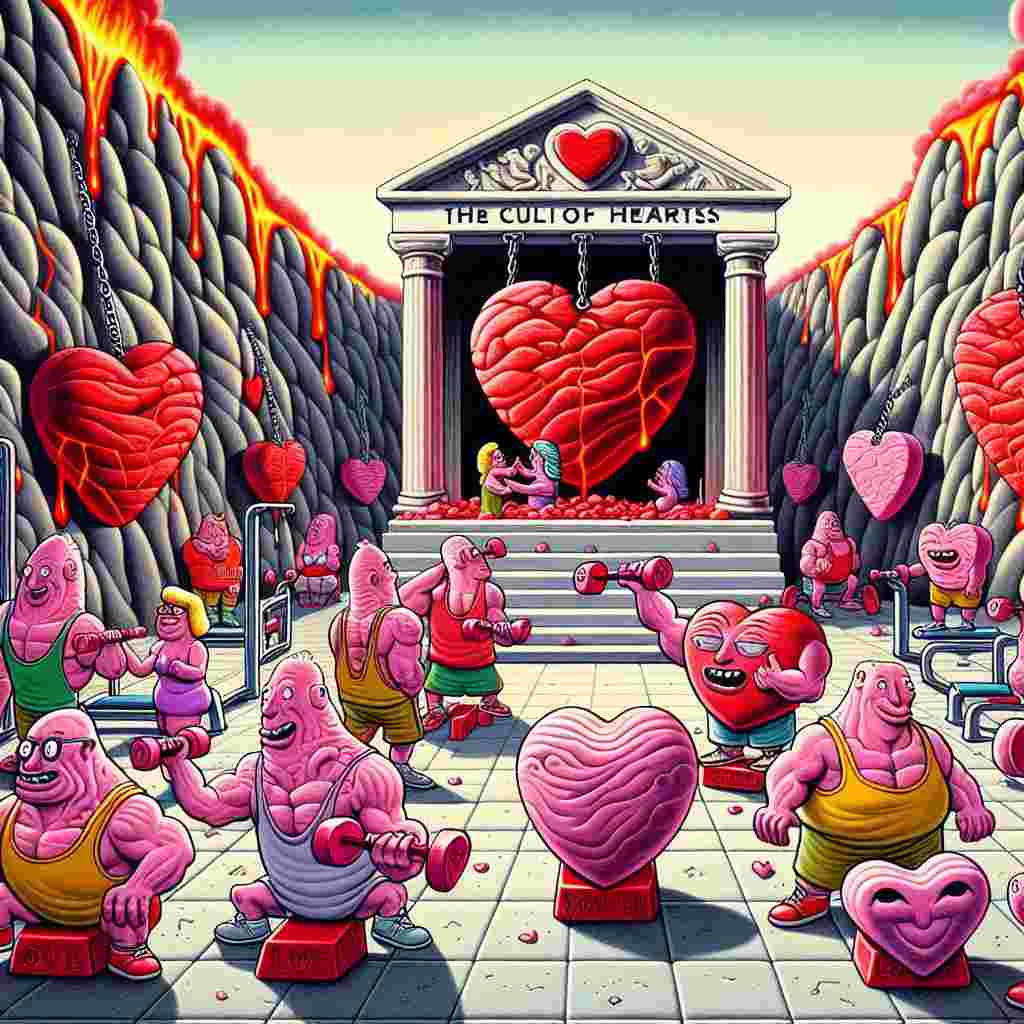 A humorous Valentine's themed cartoon set in the 'Gym of the Love Lorn', where peculiar members of 'The Cult of Hearts' assemble. The gym, placed against a backdrop reminiscent of a fantastical version of Pompeii, is packed with equipment formed from candy-hued stone and lava seemingly frozen in the midst of cascading. The cultists, wearing unusual workout clothes from different eras, offer chalky heart-shaped weights to a Pompeii-influenced mural. This mural portrays a couple captured in a tender, eternal Valentine's Day smooch amidst a metaphorical eruption of love.
Generated with these themes: The cult, Gym, and Pompeii.
Made with ❤️ by AI.