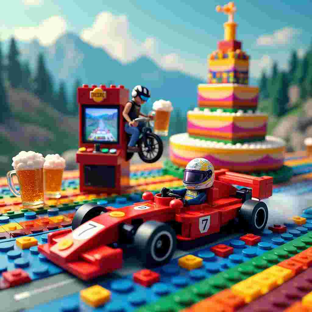 In the foreground, a vibrant F1 race car zooms down a track made entirely of interlocking, multicolored Lego bricks, creating an eye-popping juxtaposition. The car is a sleek, metallic red with the number 7 emblazoned on its side, and its driver, wearing a helmet with a beer mug decal, is caught in mid-wave, holding a game controller instead of a steering wheel. Behind the track, an enormous birthday cake rises up, each tier crafted from Lego blocks, complete with colorful, interlocking candles flickering atop. To the left of the cake, a towering arcade machine with an F1 game screen stands, its joystick and buttons glowing in a kaleidoscope of colors. Directly in front of this arcade machine, a biker with a futuristic helmet and sleek racing suit is performing a gravity-defying wheelie on a Lego-constructed bicycle, its wheels spinning into a blur. Scattered around the scene are beer bottles and mugs made of transparent Lego pieces, with frothy white tops spilling over in frozen motion. The background is a playful blend of pixelated mountains and clouds, reminiscent of a vintage video game, setting the stage for this whimsical, birthday-themed spectacle.
Generated with these themes: F1 gaming beer Lego biking.
Made with ❤️ by AI.