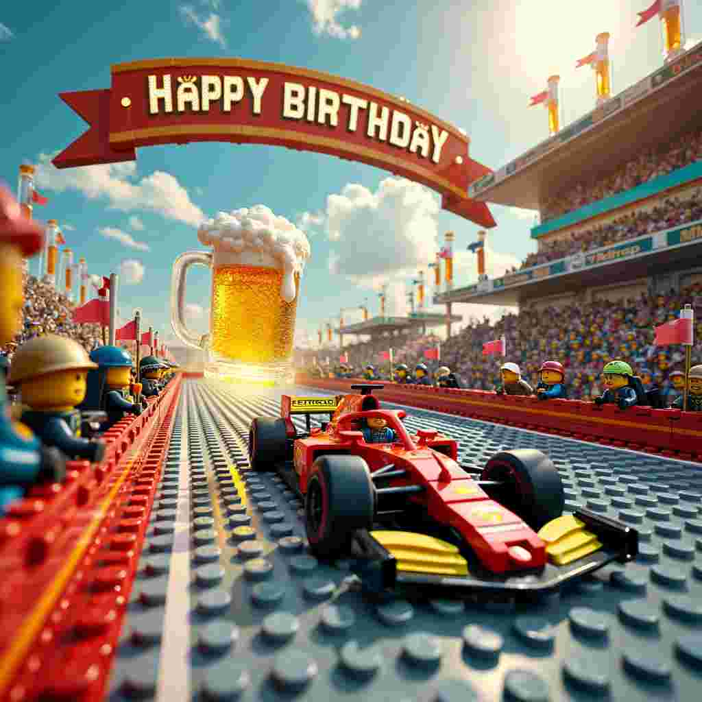 Imagine a dynamic and surreal birthday scene set in a vibrant, technicolor dreamscape. At the center of the card, a colossal F1 racing car, painted in dazzling hues of red and gold, zooms around a track that is not made of asphalt but of interlocking, giant Lego bricks. Each brick is meticulously detailed, some bearing the tiny imprints of classic Lego studs. 

The car itself is piloted by a tiny, pixelated avatar from a popular racing video game, who is gripping a steering wheel made from a frothy, golden beer mug. The beer inside sloshes realistically, and you can see bubbles rising up, giving the impression that it’s freshly poured. 

Surrounding the track, a cheering crowd of Lego minifigures with happy, smiling faces wave flags and banners. Each banner is decorated with birthday messages and tiny, detailed beer cans. Some minifigures are on bikes – sleek, shiny, futuristic bikes that look like they've been designed by combining real-world engineering with Lego aesthetics, complete with tiny, spinning wheels and intricate details on the handlebars and pedals.

To the left of the track, there's a large gaming console that seems to be built from Legos too, with a screen showing an intense F1 game in progress. The screen's pixels are exaggeratedly large, making it look like a mosaic. In front of the console, a controller hovers in mid-air, also fashioned out of beer mugs and dripping with condensation, giving it a playful yet realistic touch.

In the sky above, a whimsical banner made from strings of interconnected Lego bricks spells out "Happy Birthday!" in vibrant, multicolored letters. The sun shines brightly, but it’s not a regular sun; it’s a massive, golden beer cap with beams of light radiating out, creating a warm and inviting glow over the entire scene.

Every element of this fantastical birthday world combines the themes of F1 racing, gaming, beer, Lego, and biking in a uniquely imaginative way, forming a delightful and intricate scene that will captivate anyone who lays eyes on it.
Generated with these themes: F1 gaming beer Lego biking.
Made with ❤️ by AI.