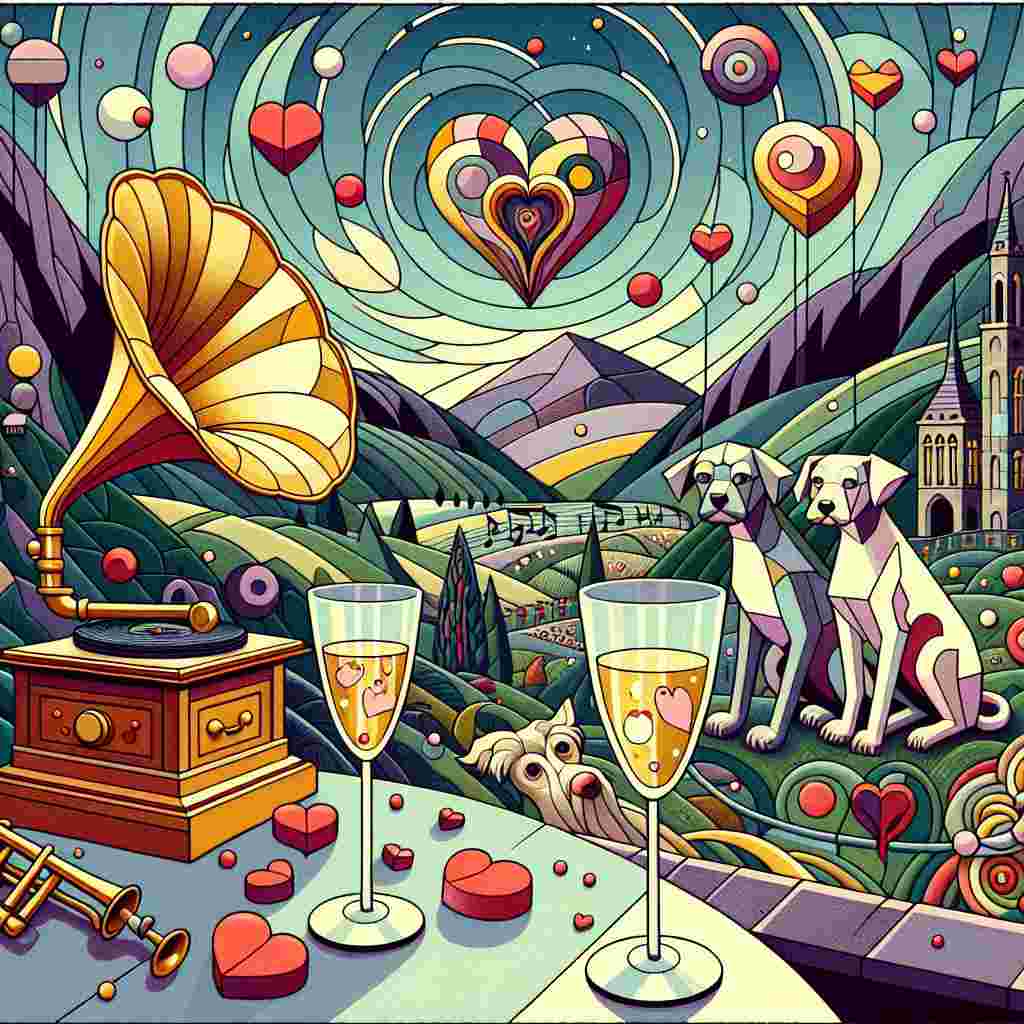 Create a Valentine's day illustration following the spirited, abstracted, and geometrical style of the early 20th-century vorticist movement. The scene is set in a peaceful depiction of the Cumbria with its characteristic environment. In this setting, a group of dogs, represented in playful and avant-garde forms, conveys the love-stricken whimsy. A vintage gramophone is situated to the side, its musical notes blending into the scene, symbolizing the universal bond of love. In the foreground, festive champagne glasses are present, cheerfully toasting to the romantic occasion.
Generated with these themes: Vortecist art, Dogs, Music, Champagne, and Cumbria.
Made with ❤️ by AI.
