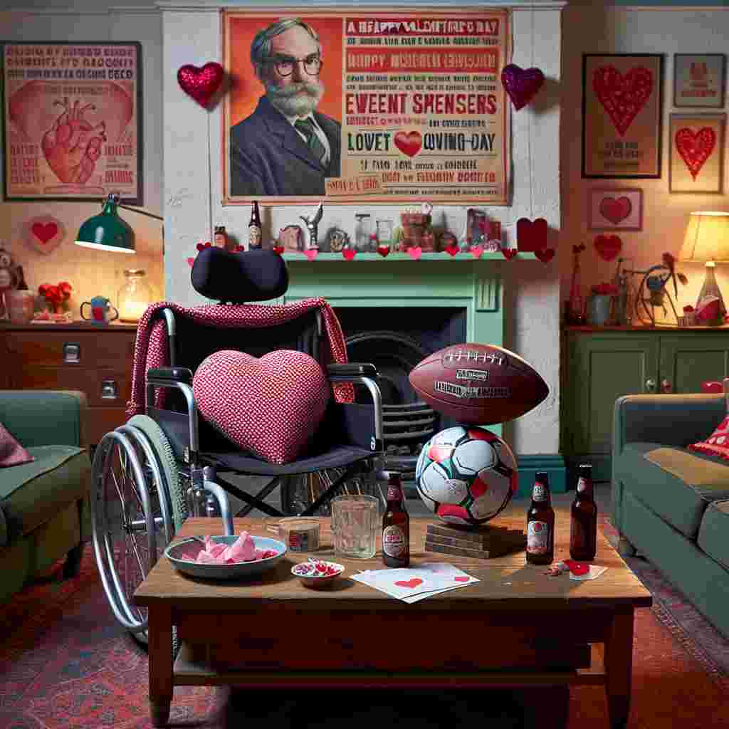 A quaint living room is festively adorned with decorations celebrating Valentine's Day. Central to the room is a wheelchair lovingly draped with a heart-patterned throw, subtly suggesting an atmosphere of inclusion and affection. On the wall above hangs a vintage poster showcasing a quirky, eminent scientist from a fictional world, adding an element of fandom. Strategically placed close-by is a coffee table, its surface presenting a selection of craft beers and a football containing sweet loving-day messages. This room artfully incorporates the sprightly energy of sports with the romantic ethos of Valentine's Day.
Generated with these themes: Wheelchair, football, beer, Dr who.
Made with ❤️ by AI.