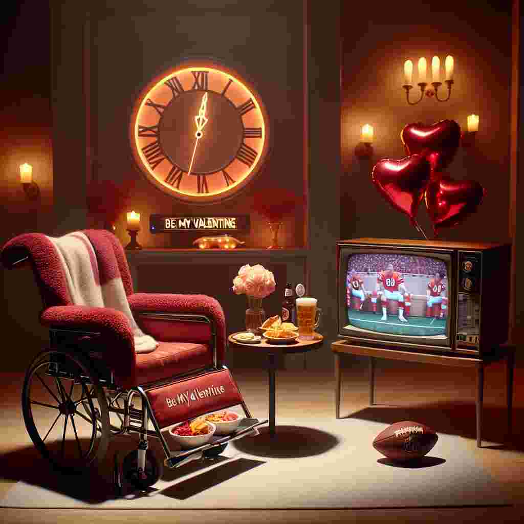 The scene takes place in an inviting, gently illuminated room, adorned with understated hues of Valentine's Day. At the heart of the room is a wheelchair, artistically outfitted with plush red cushions and a warm blanket, situated near a compact television airing reruns of a classic time-travel science fiction TV series. A side table nearby cradles a cold glass of beer and an assortment of snacks, an ideal treat for a halftime break during a sporting event. Sentimental features such as heart-shaped helium-filled balloons, and a football embellished with 'Be My Valentine' in bold lettering, complete this one-of-a-kind fusion of coziness, athletics, and timeless affection.
Generated with these themes: Wheelchair, football, beer, Dr who.
Made with ❤️ by AI.