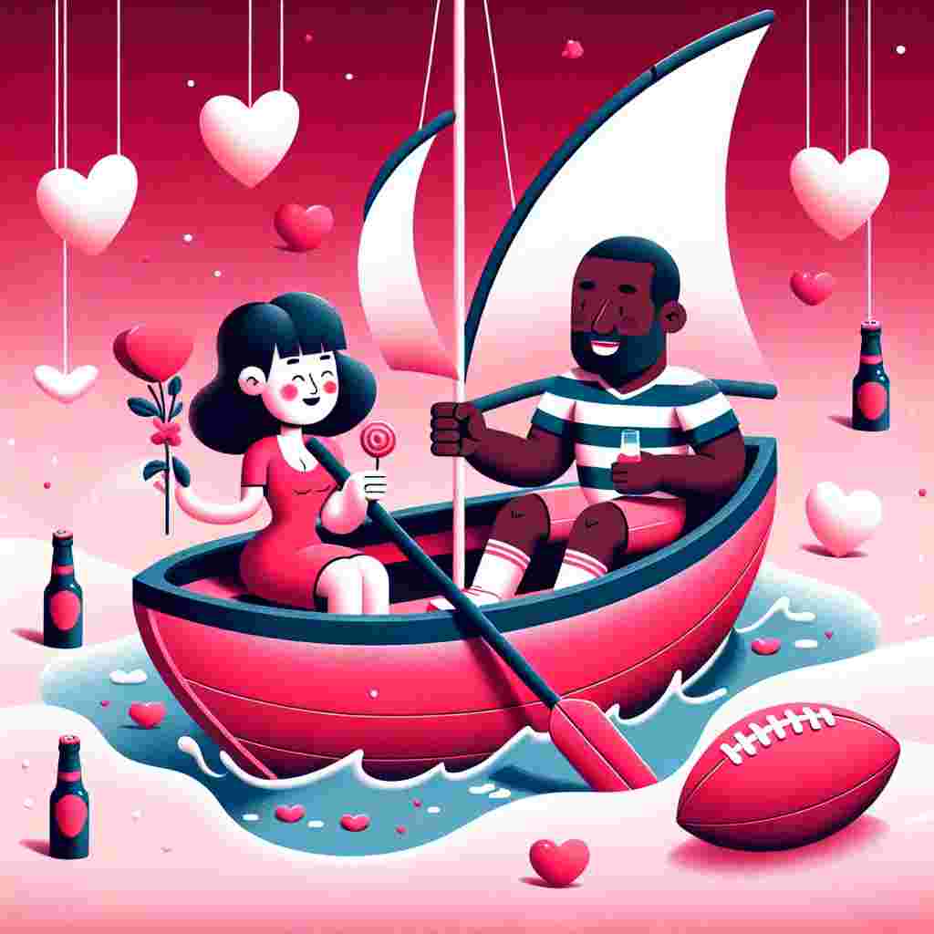 Create a whimsical image depicting Valentine's Day with an Asian female and an African American male sailing on a heart-shaped boat in a water body. The surroundings are filled with shades of pink and red representing the romantic atmosphere. A noticeable rugby ball and a couple of beer bottles are subtly integrated into the scene, resting on the deck of the boat, indicating their mutual hobbies. The entire setting should evoke a sense of love, companionship, and mutual understanding.
Generated with these themes: Sailing, Rugby, and Beer.
Made with ❤️ by AI.